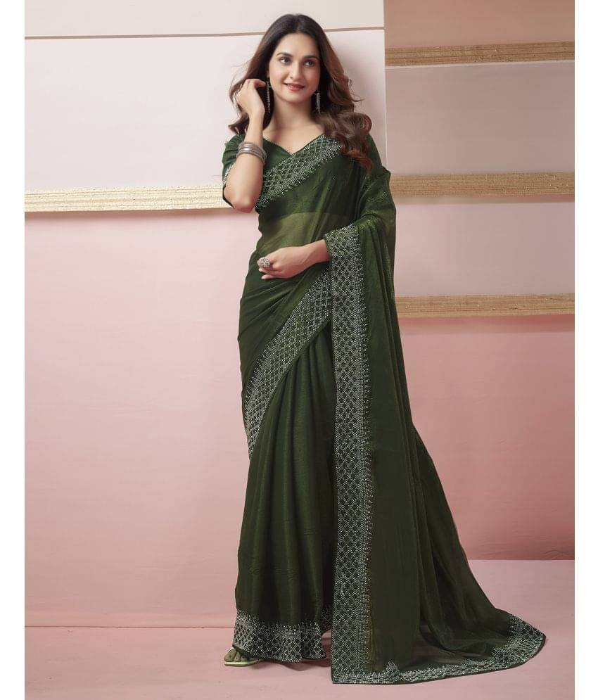     			Samah Chiffon Embellished Saree With Unstitched Blouse Piece ( Olive )