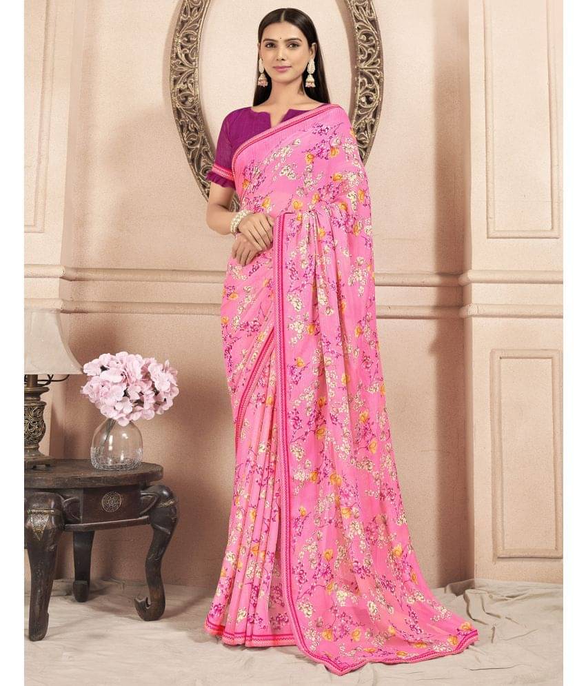 Samah Chiffon Printed Saree With Unstitched Blouse Piece ( Pink ) Samah Chiffon Printed Saree With Unstitched Blouse Piece ( Pink )