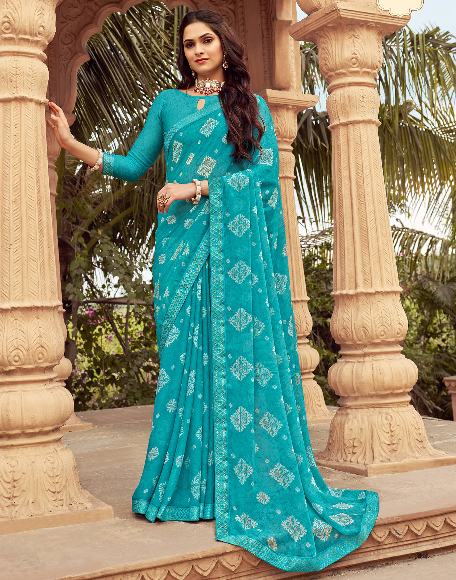 Samah Chiffon Printed Saree With Unstitched Blouse Piece ( Blue ) Samah Chiffon Printed Saree With Unstitched Blouse Piece ( Blue )