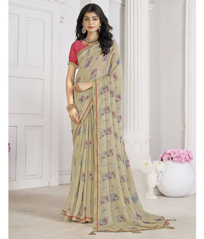     			Samah Chiffon Printed Saree With Unstitched Blouse Piece ( Beige )