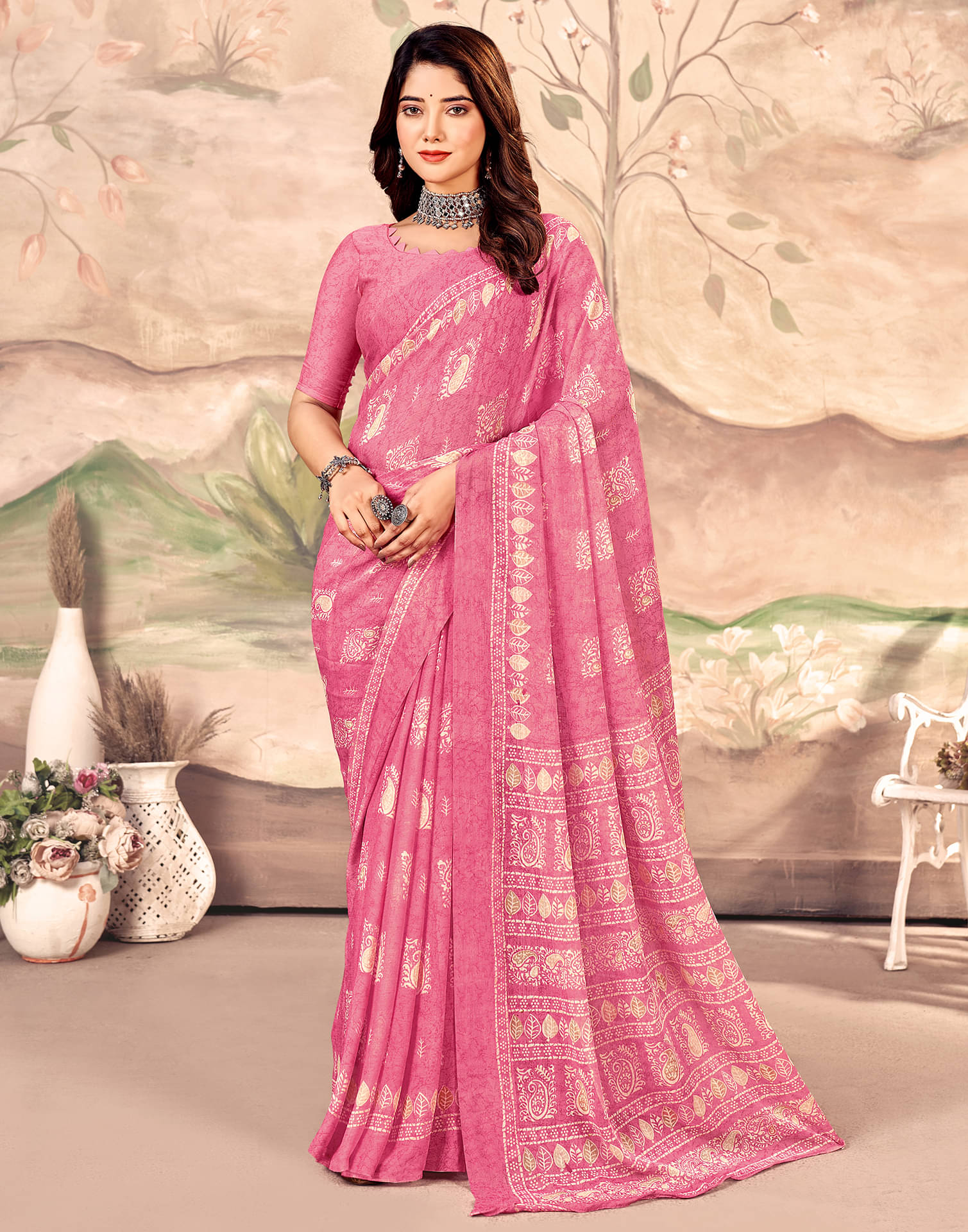     			Samah Chiffon Printed Saree With Unstitched Blouse Piece ( Pink )