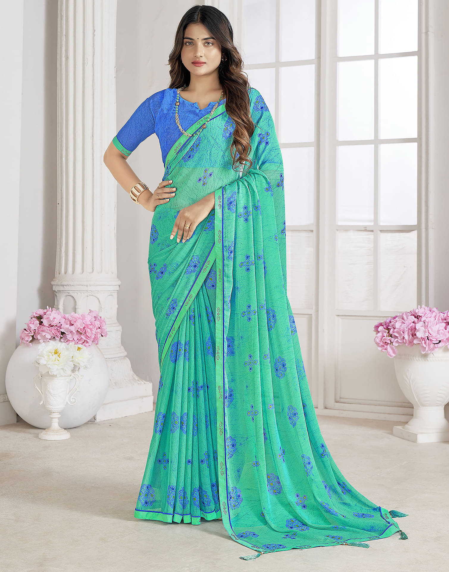     			Samah Chiffon Printed Saree With Unstitched Blouse Piece ( Turquoise )