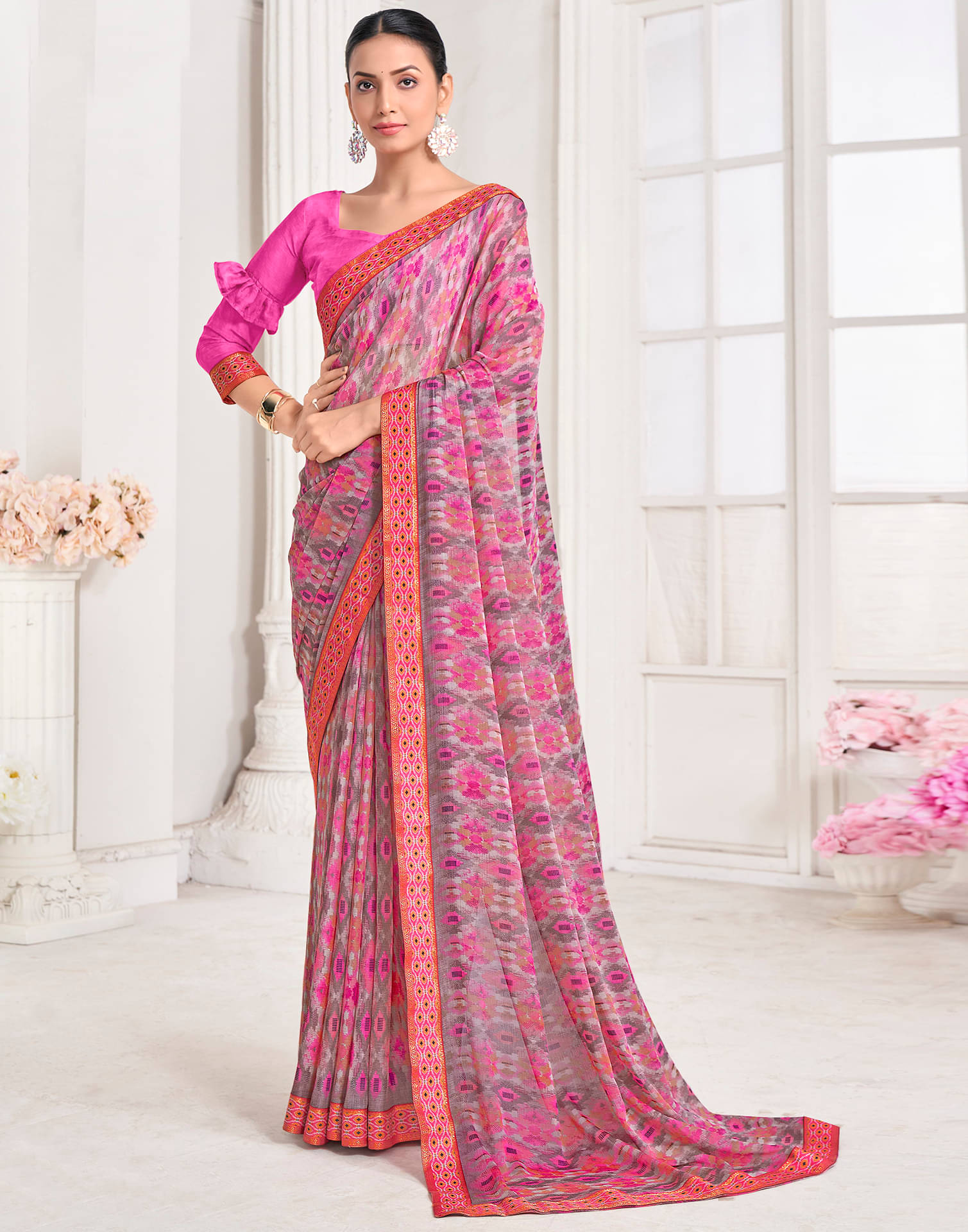     			Samah Chiffon Printed Saree With Unstitched Blouse Piece ( Pink )