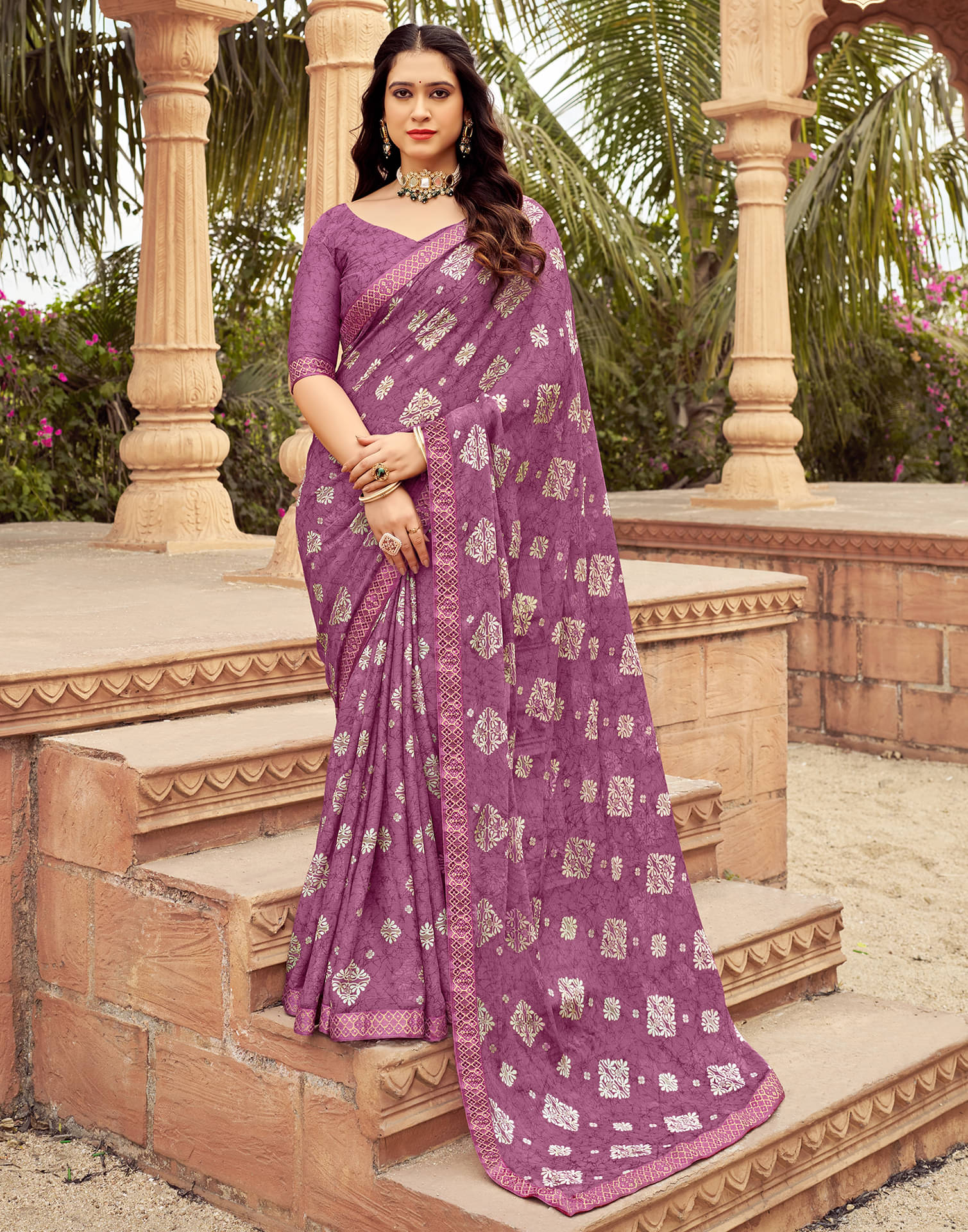 Samah Chiffon Printed Saree With Unstitched Blouse Piece ( Magenta ) Samah Chiffon Printed Saree With Unstitched Blouse Piece ( Magenta )