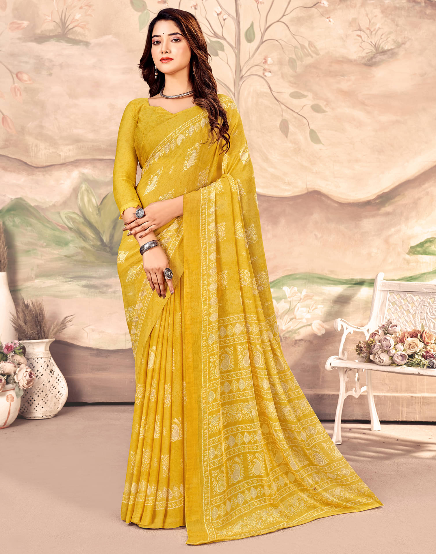 Samah Chiffon Printed Saree With Unstitched Blouse Piece ( Yellow ) Samah Chiffon Printed Saree With Unstitched Blouse Piece ( Yellow )
