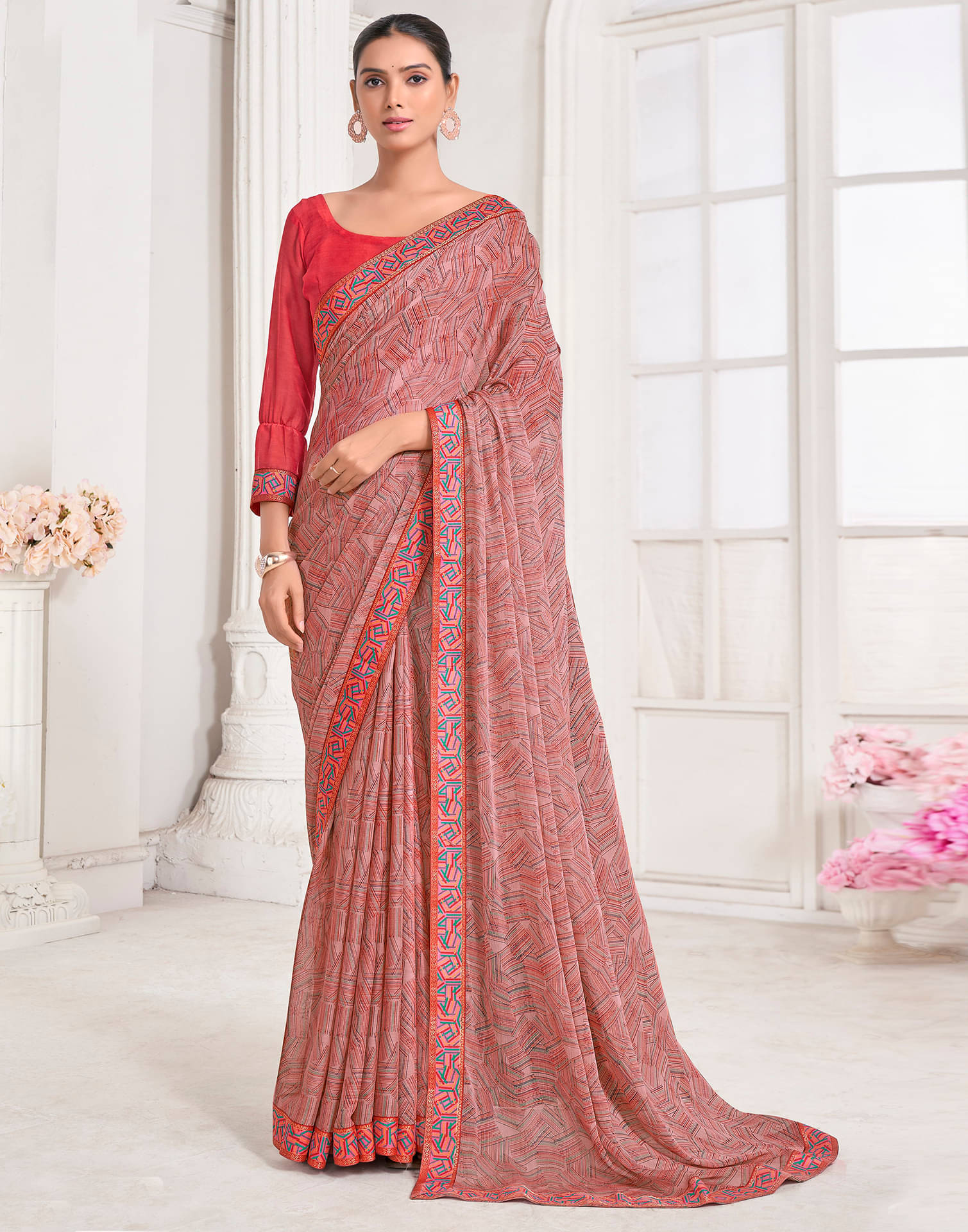 Samah Chiffon Printed Saree With Unstitched Blouse Piece ( Peach ) Samah Chiffon Printed Saree With Unstitched Blouse Piece ( Peach )