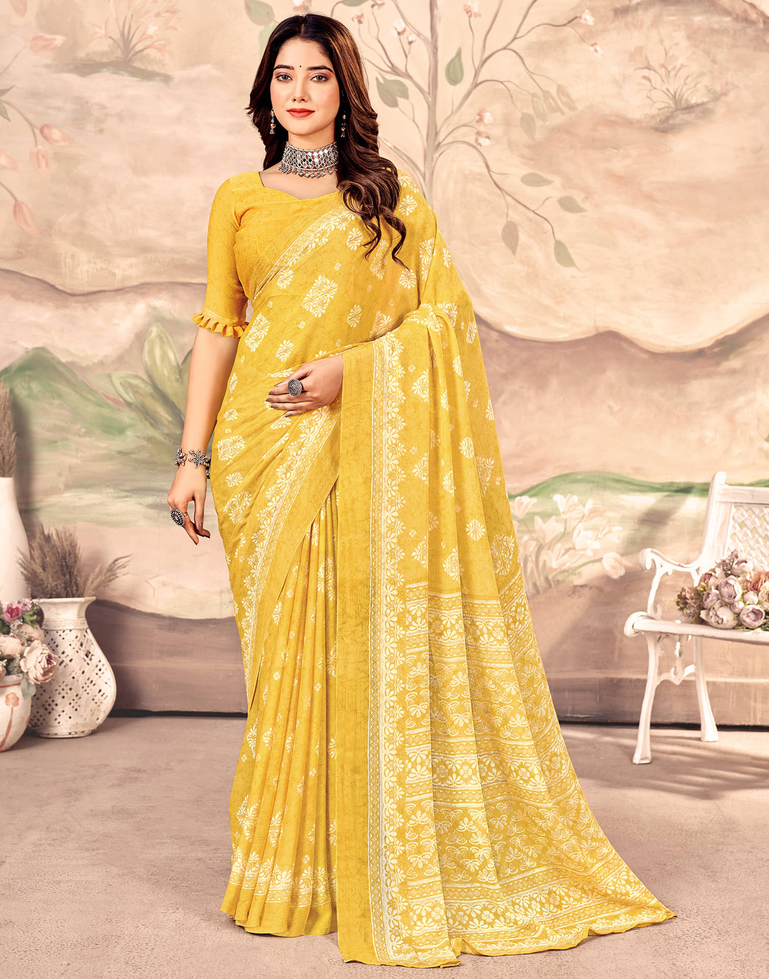     			Samah Chiffon Printed Saree With Unstitched Blouse Piece ( Yellow )