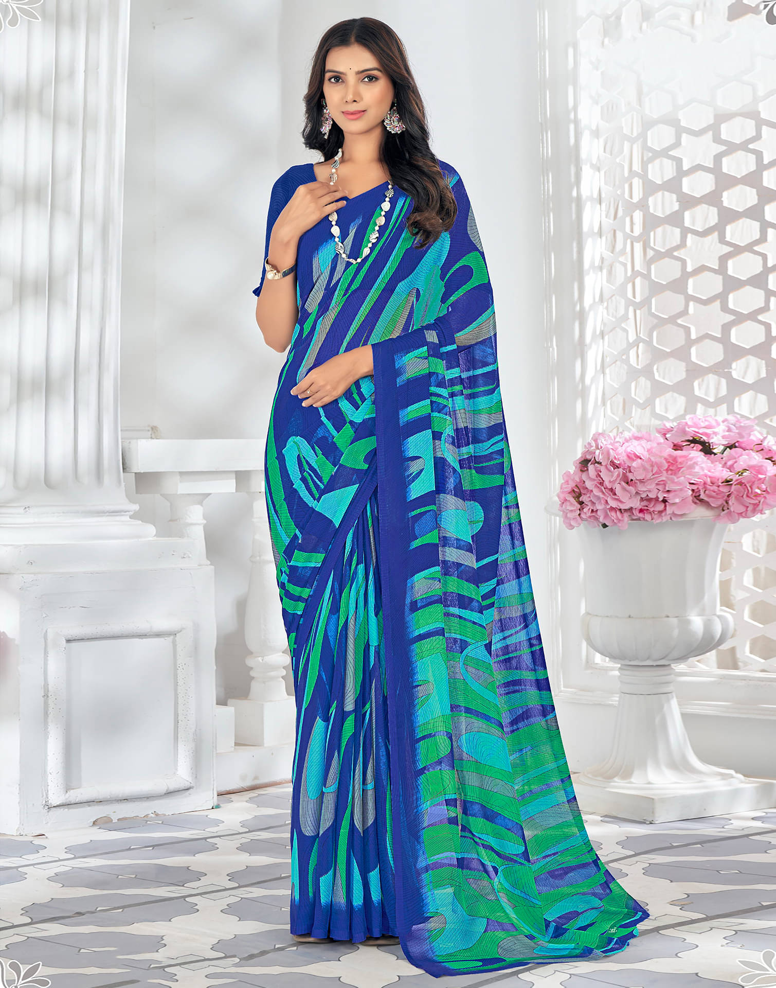 Samah Chiffon Printed Saree With Unstitched Blouse Piece ( Navy Blue ) Samah Chiffon Printed Saree With Unstitched Blouse Piece ( Navy Blue )