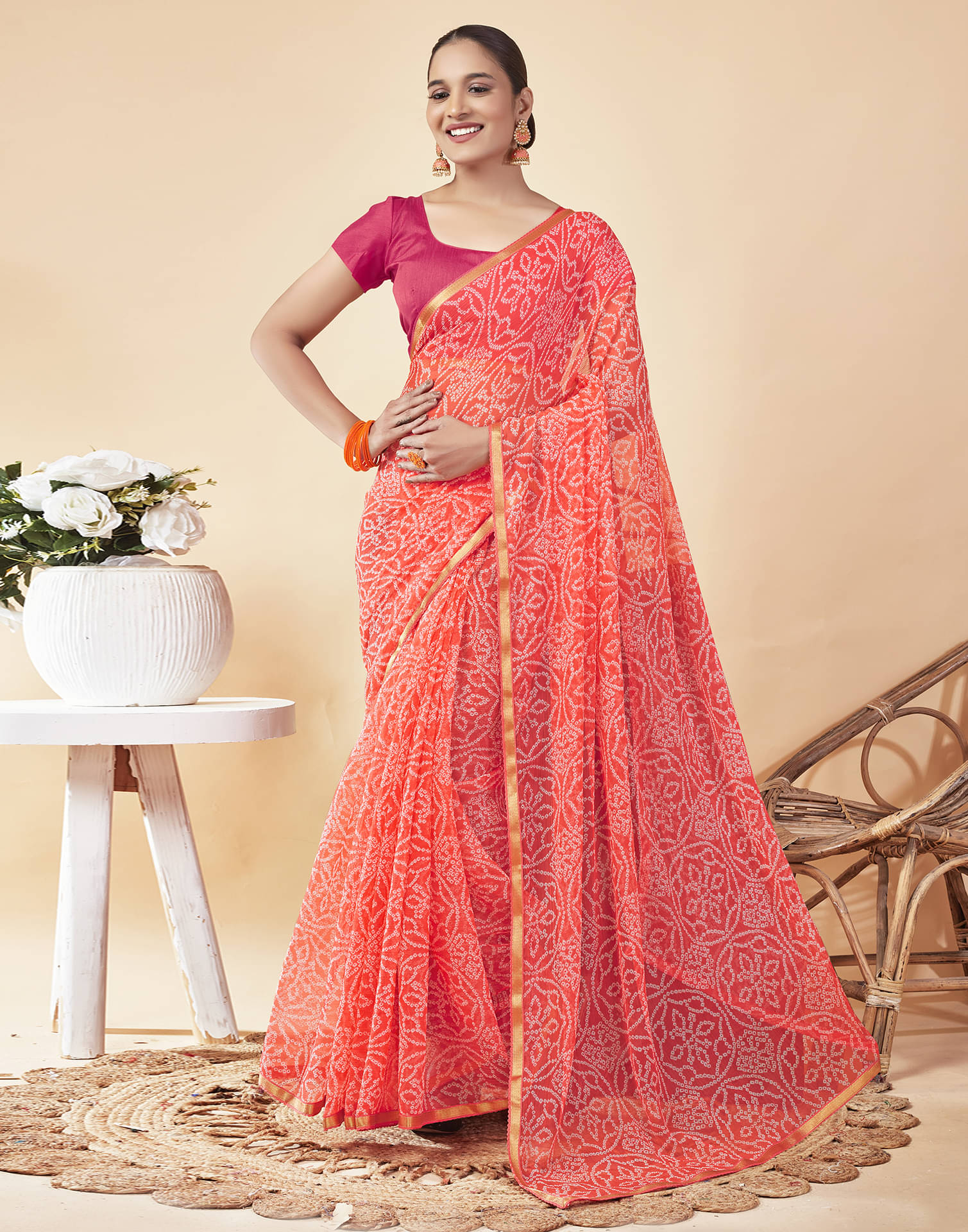 Samah Chiffon Printed Saree With Unstitched Blouse Piece ( Peach ) Samah Chiffon Printed Saree With Unstitched Blouse Piece ( Peach )
