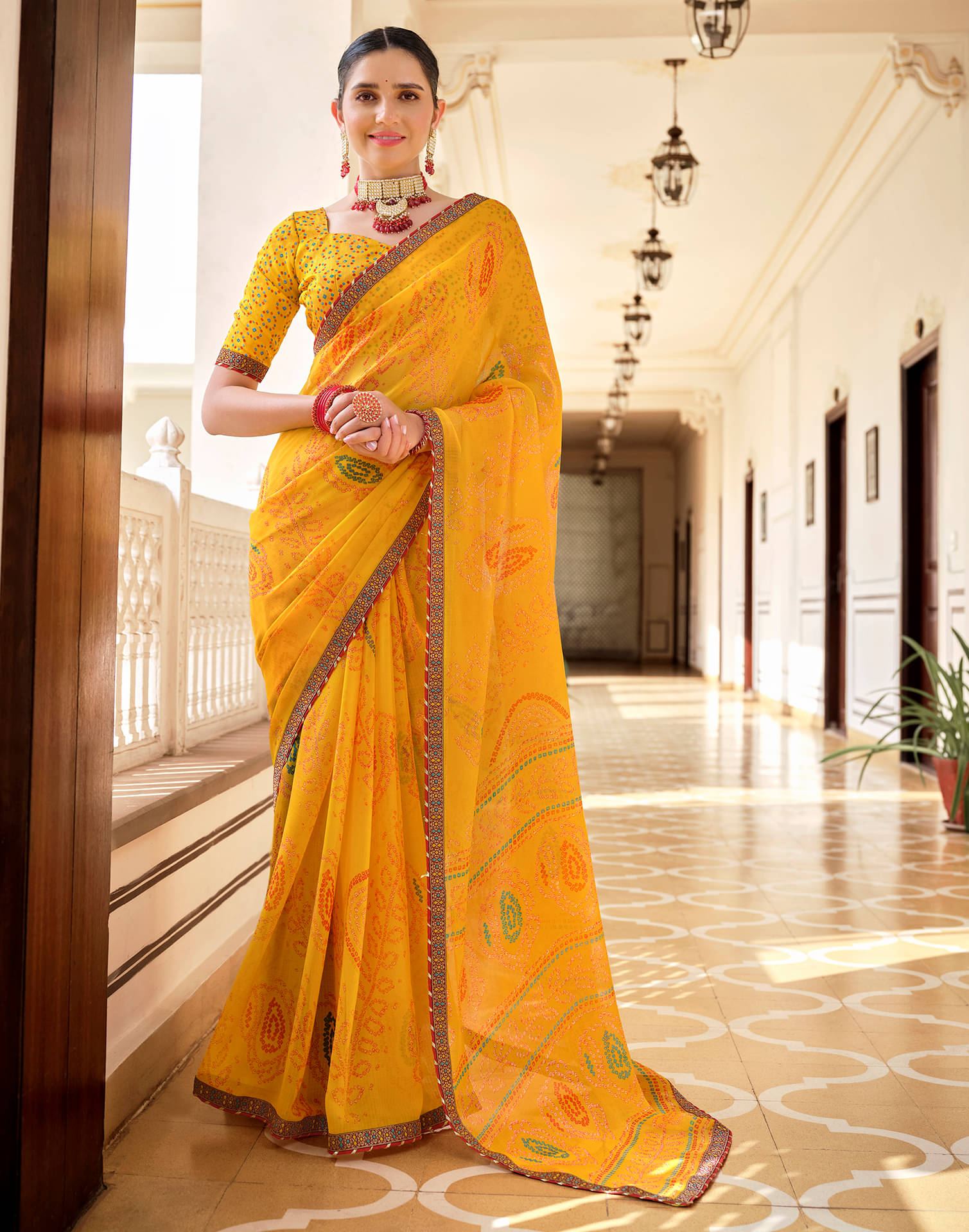     			Samah Chiffon Printed Saree With Unstitched Blouse Piece ( Yellow )