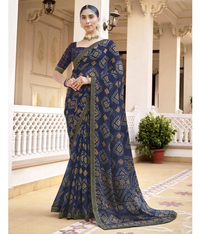     			Samah Chiffon Printed Saree With Unstitched Blouse Piece ( Blue )