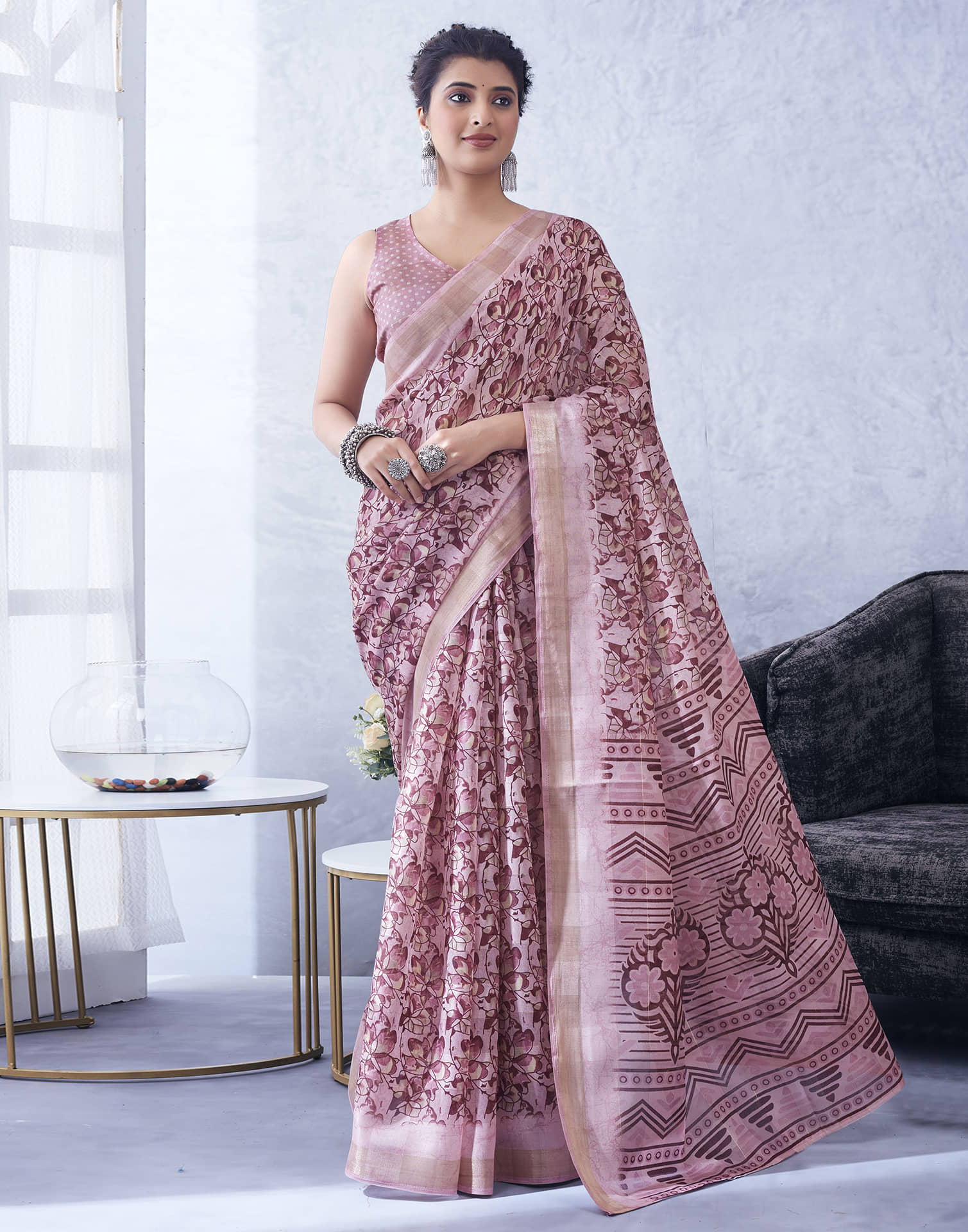 Samah Cotton Blend Printed Saree With Unstitched Blouse Piece ( Pink ) - Sarees | Buy online on ZillyBuy