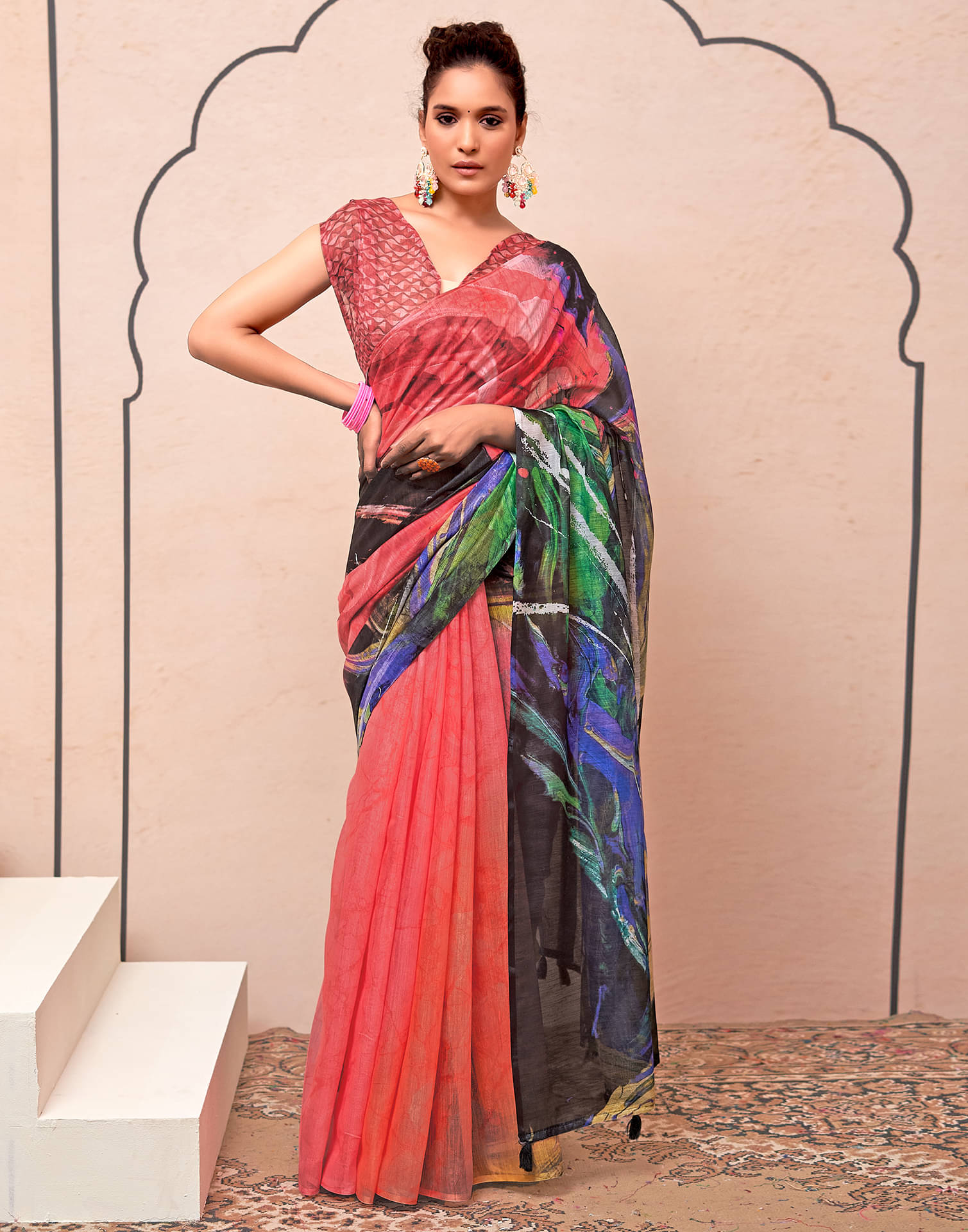     			Samah Cotton Silk Printed Saree With Unstitched Blouse Piece ( Rose Gold )
