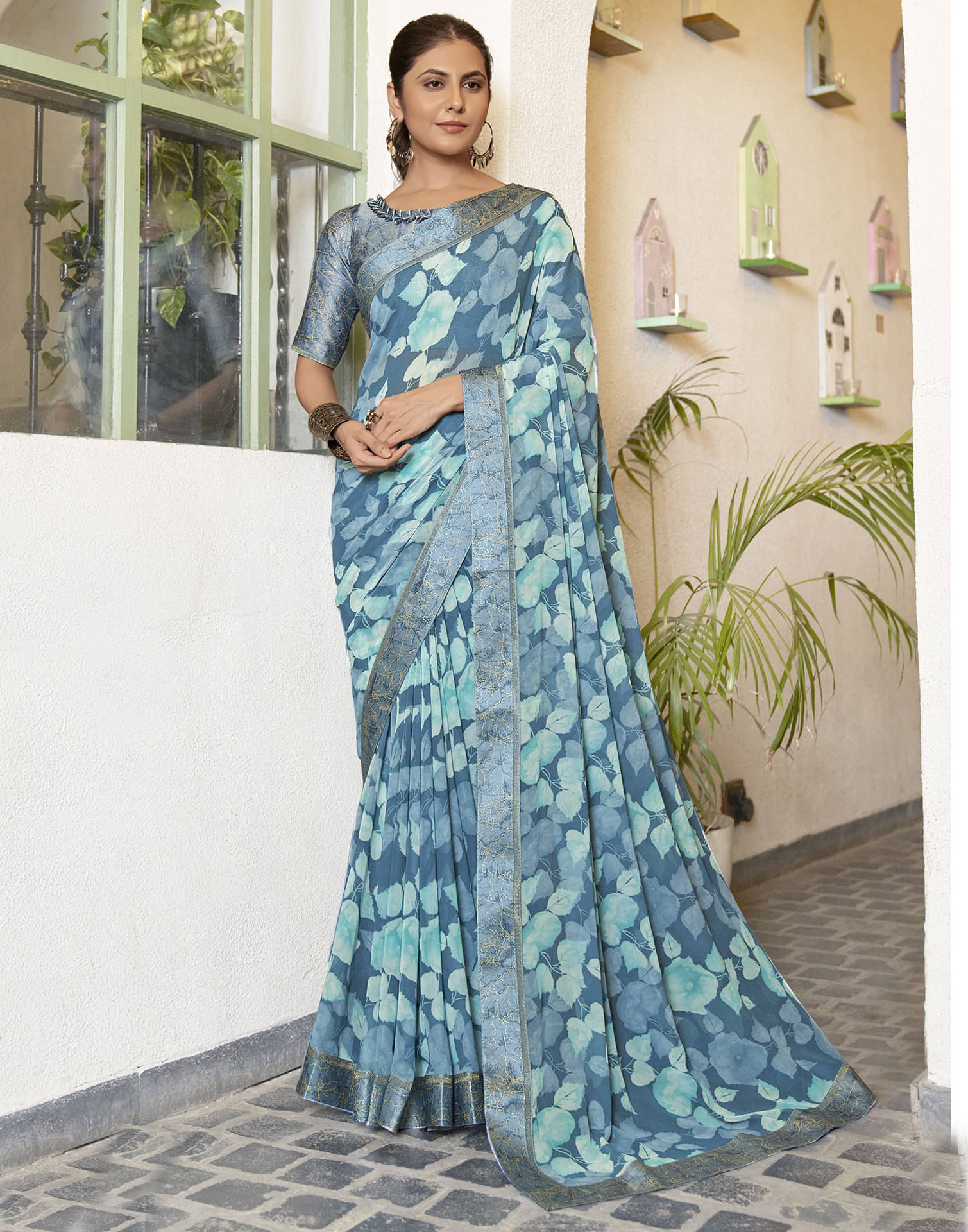 Samah Georgette Printed Saree With Unstitched Blouse Piece ( Blue ) Samah Georgette Printed Saree With Unstitched Blouse Piece ( Blue )