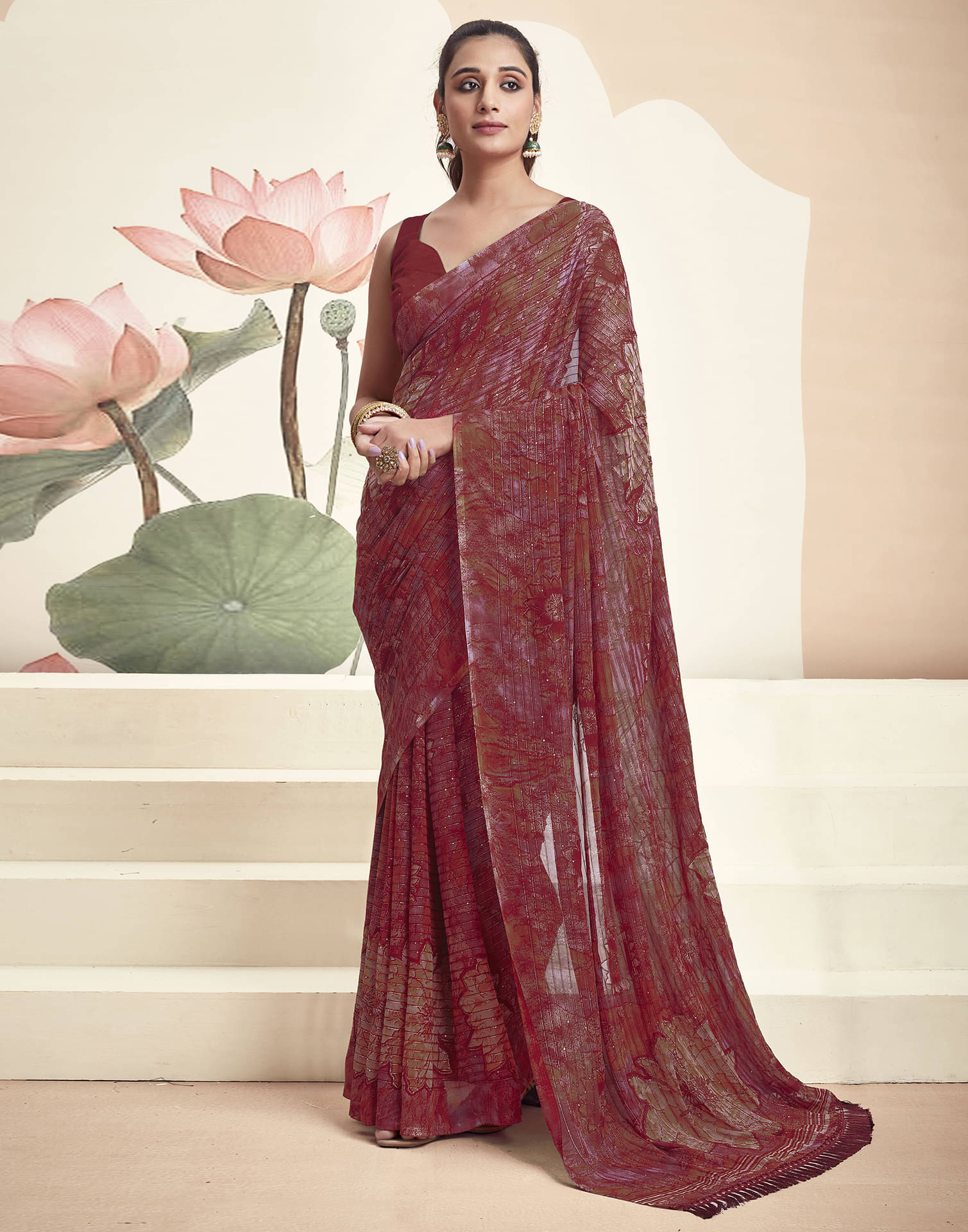 Samah Georgette Printed Saree With Unstitched Blouse Piece ( Maroon ) Samah Georgette Printed Saree With Unstitched Blouse Piece ( Maroon )