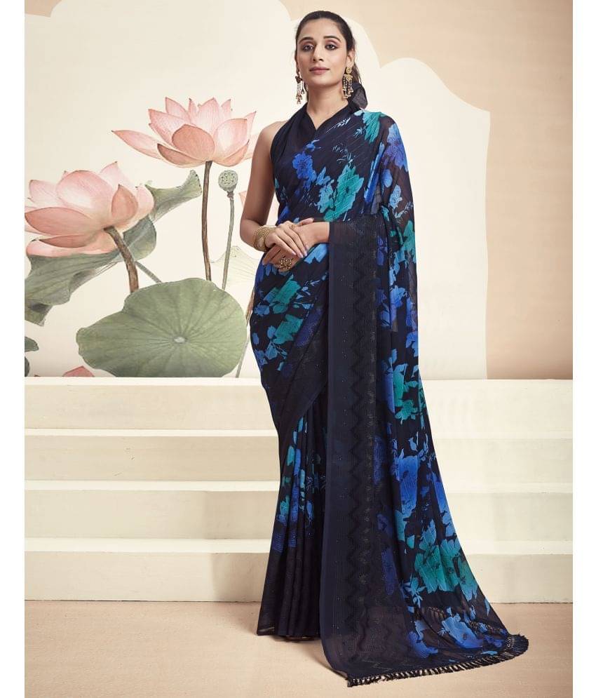     			Samah Georgette Printed Saree With Unstitched Blouse Piece ( Navy Blue )