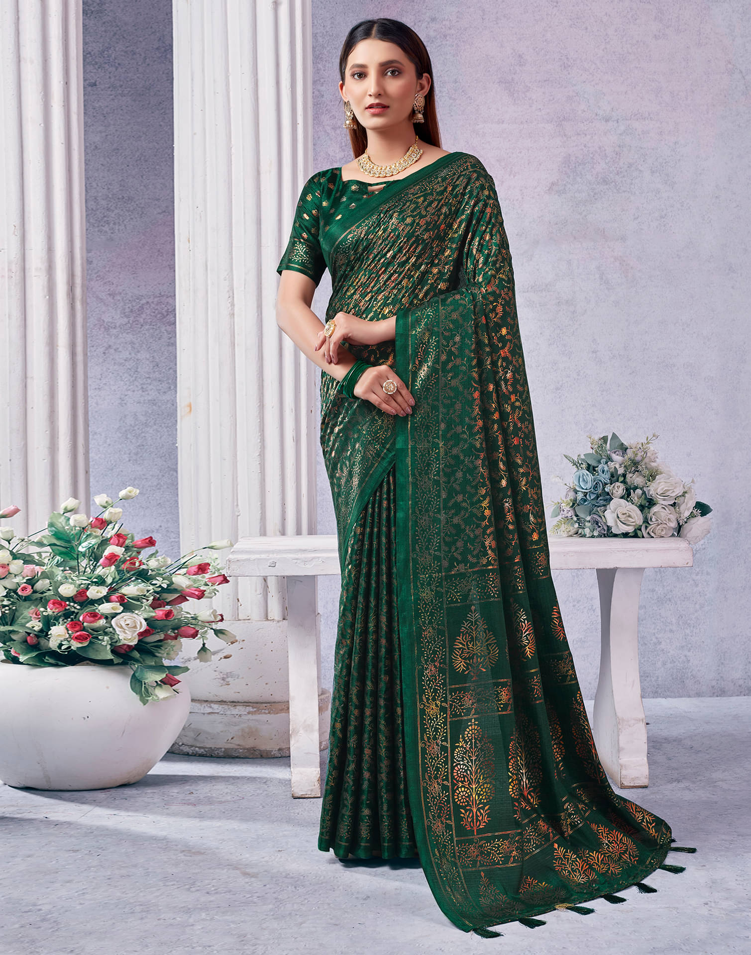 Samah Silk Blend Self Design Saree With Unstitched Blouse Piece ( Green ) Samah Silk Blend Self Design Saree With Unstitched Blouse Piece ( Green )