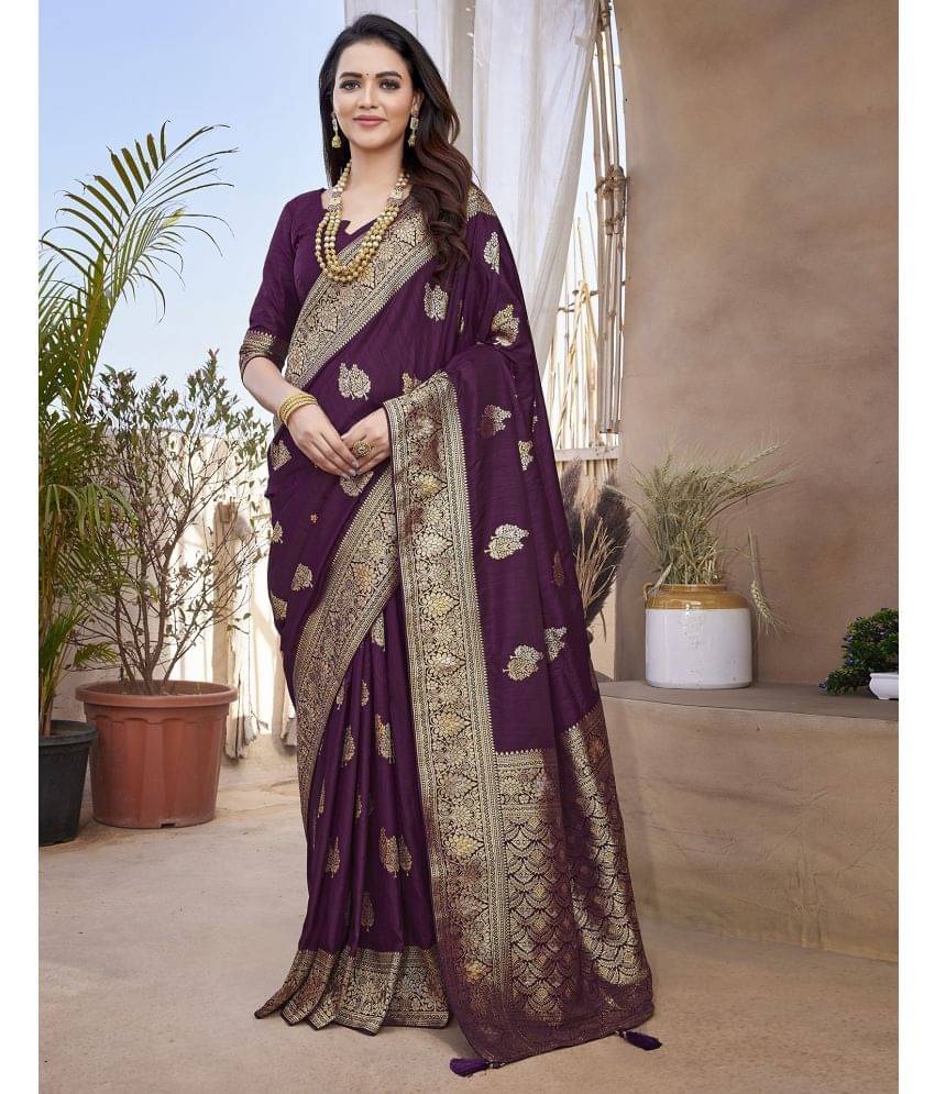     			Samah Silk Blend Woven Saree With Unstitched Blouse Piece ( Wine )