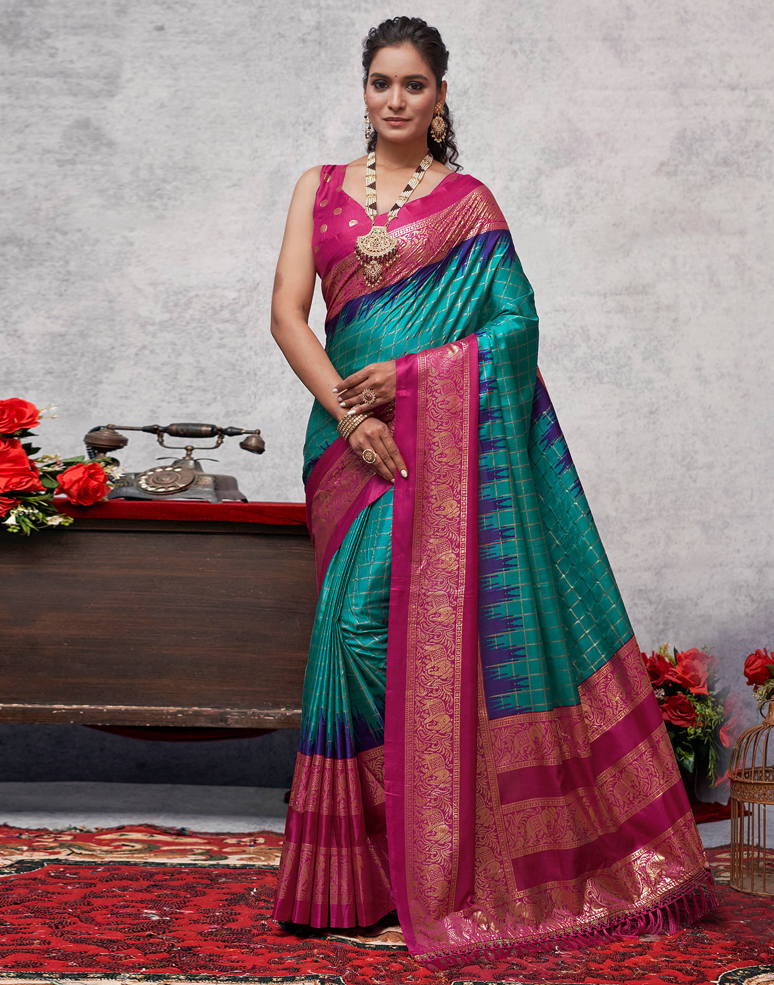     			Samah Silk Printed Saree With Unstitched Blouse Piece ( Teal )