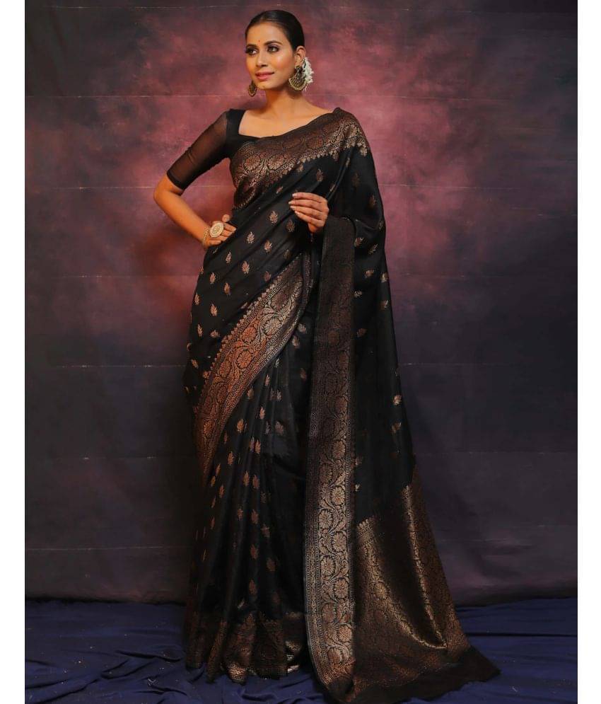 Samah Silk Woven Saree With Unstitched Blouse Piece ( Black ) Samah Silk Woven Saree With Unstitched Blouse Piece ( Black )