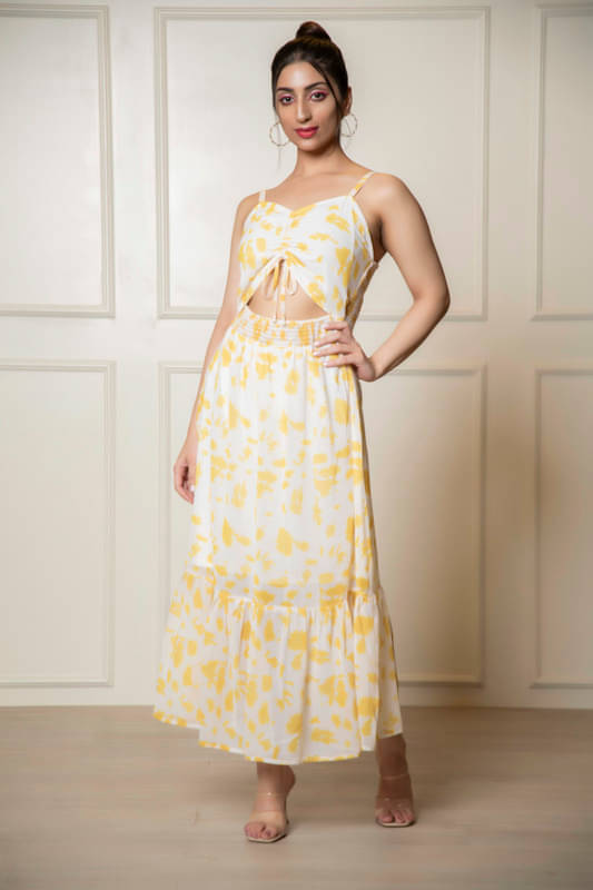 Urban Sundari Women Georgette Printed Cut Out Dress ( Yellow ) Urban Sundari Women Georgette Printed Cut Out Dress ( Yellow )