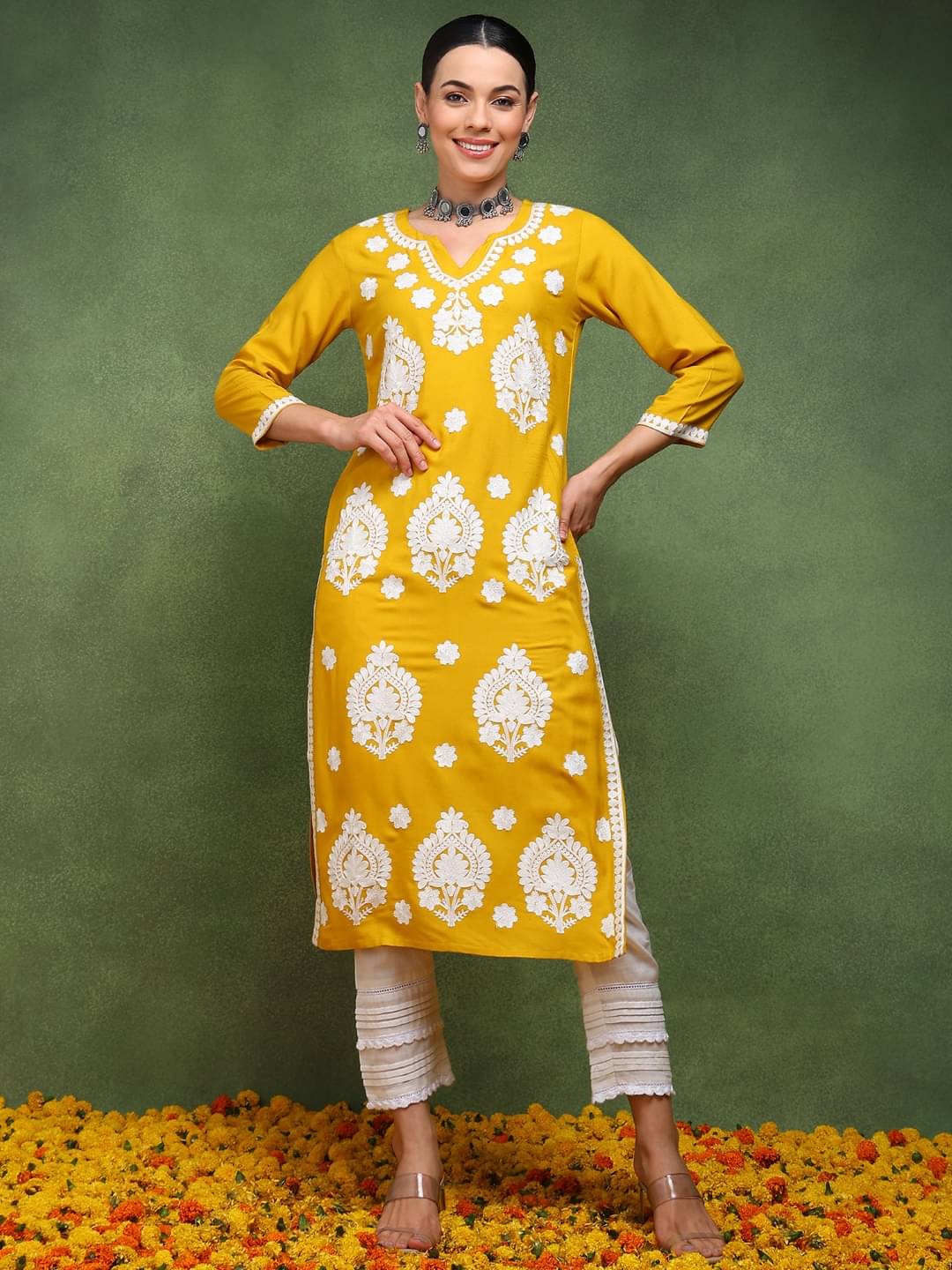 Vaamsi Rayon Embroidered Straight Women's Kurti - Mustard ( Pack of 1 ) Vaamsi Rayon Embroidered Straight Women's Kurti - Mustard ( Pack of 1 )
