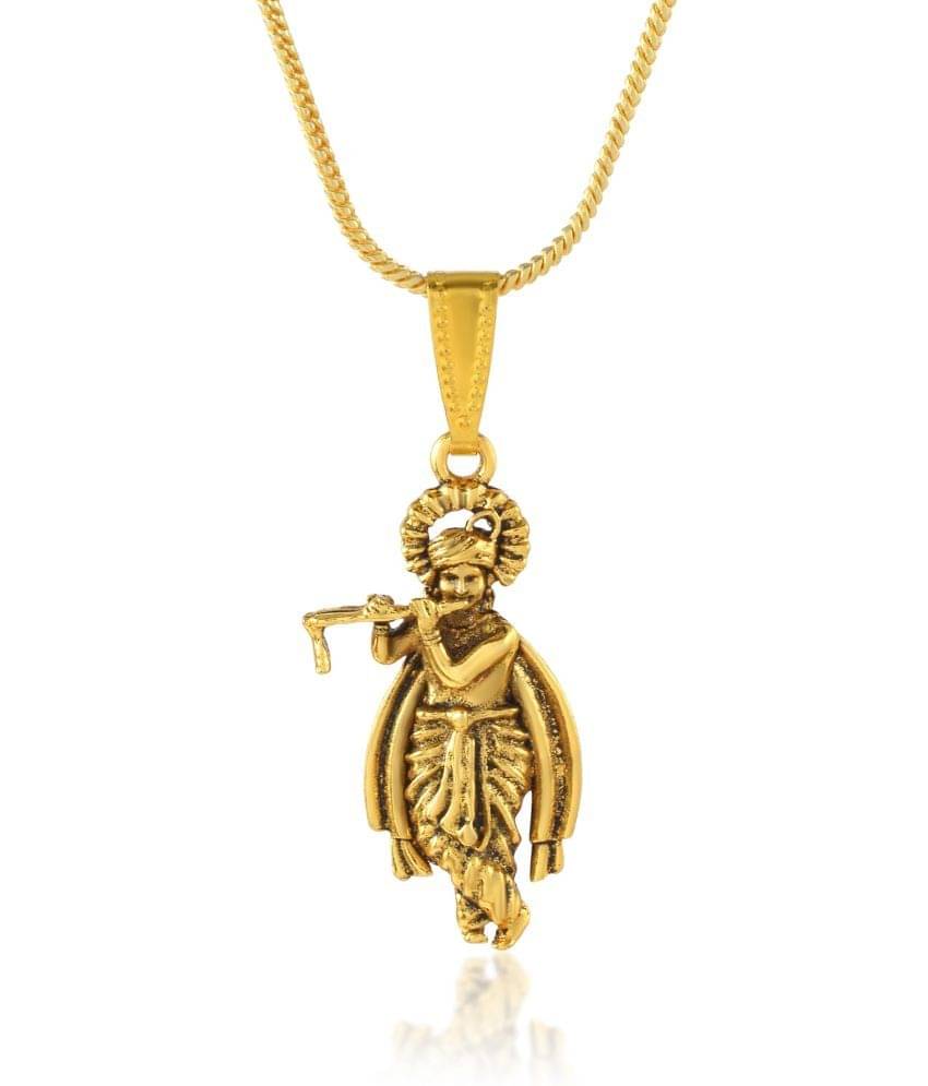     			Admier Gold Plated Brass Designer Lord Krishna Playing The Flute Chain Locket Pendant Necklace Temple Religious Jewellery for Men/Women