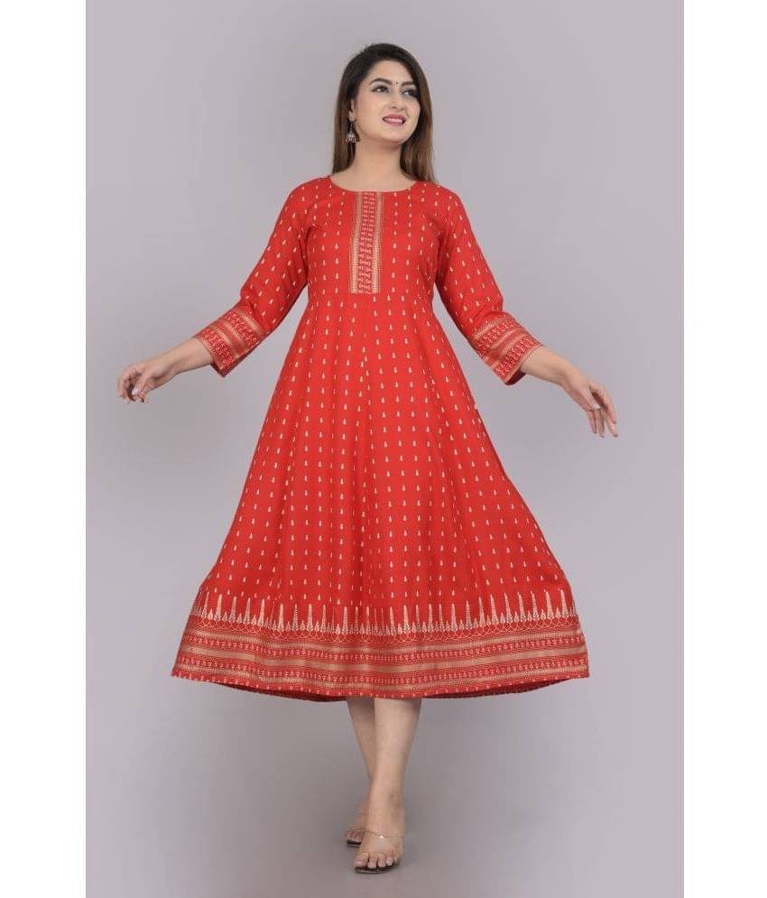 Aurelisa Rayon Printed Anarkali Women's Kurti - Red ( Pack of 1 ) Aurelisa Rayon Printed Anarkali Women's Kurti - Red ( Pack of 1 )