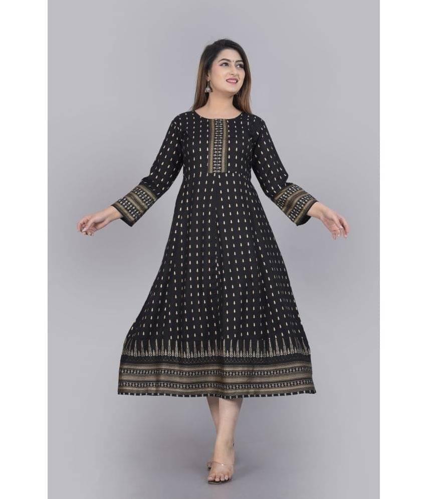 Aurelisa Rayon Printed Anarkali Women's Kurti - Black ( Pack of 1 )     			Aurelisa Rayon Printed Anarkali Women's Kurti - Black ( Pack of 1 )