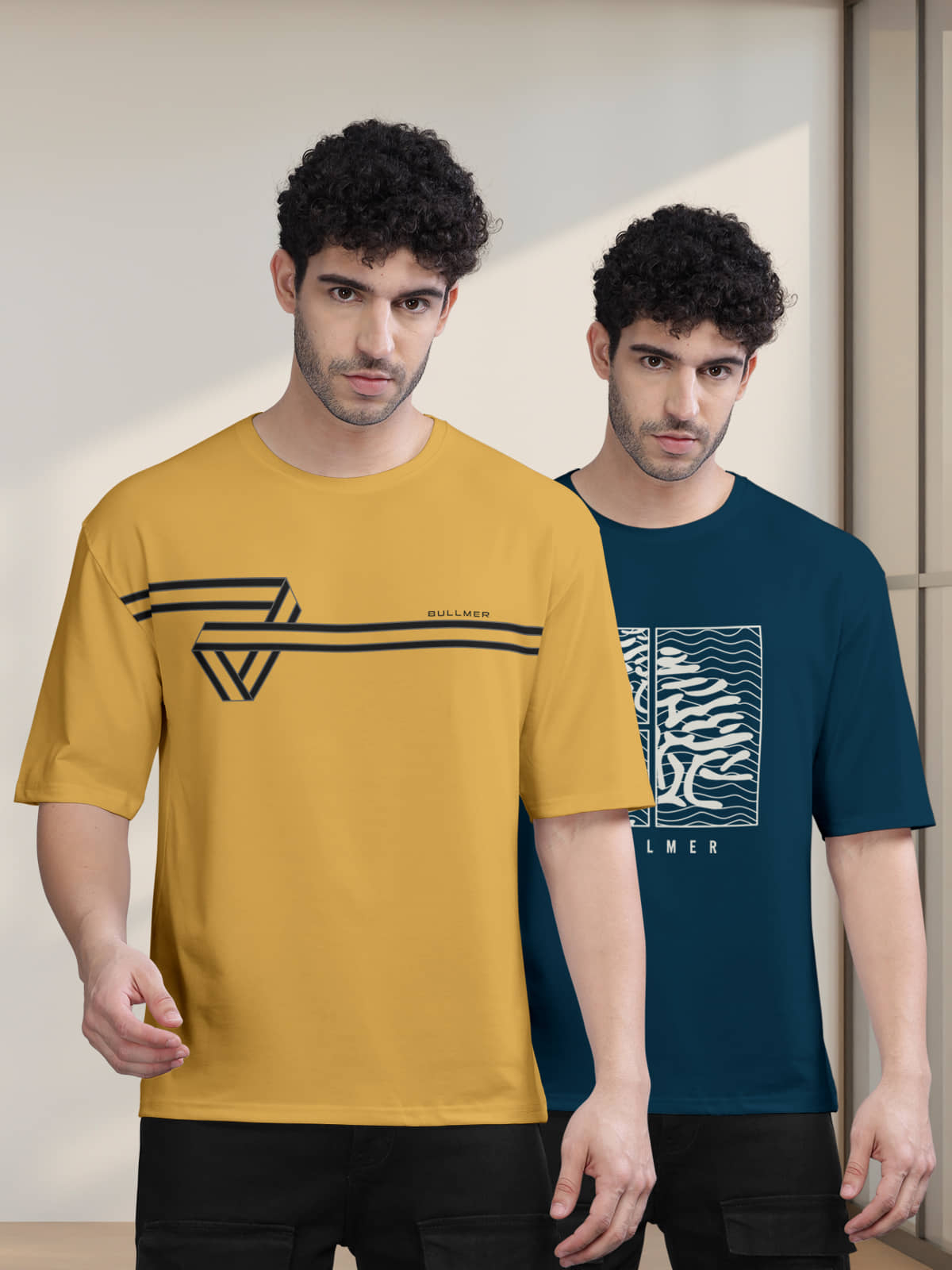 BULLMER Pack of 2 Cotton Blend Oversized Fit Men's T-Shirt ( Mustard )