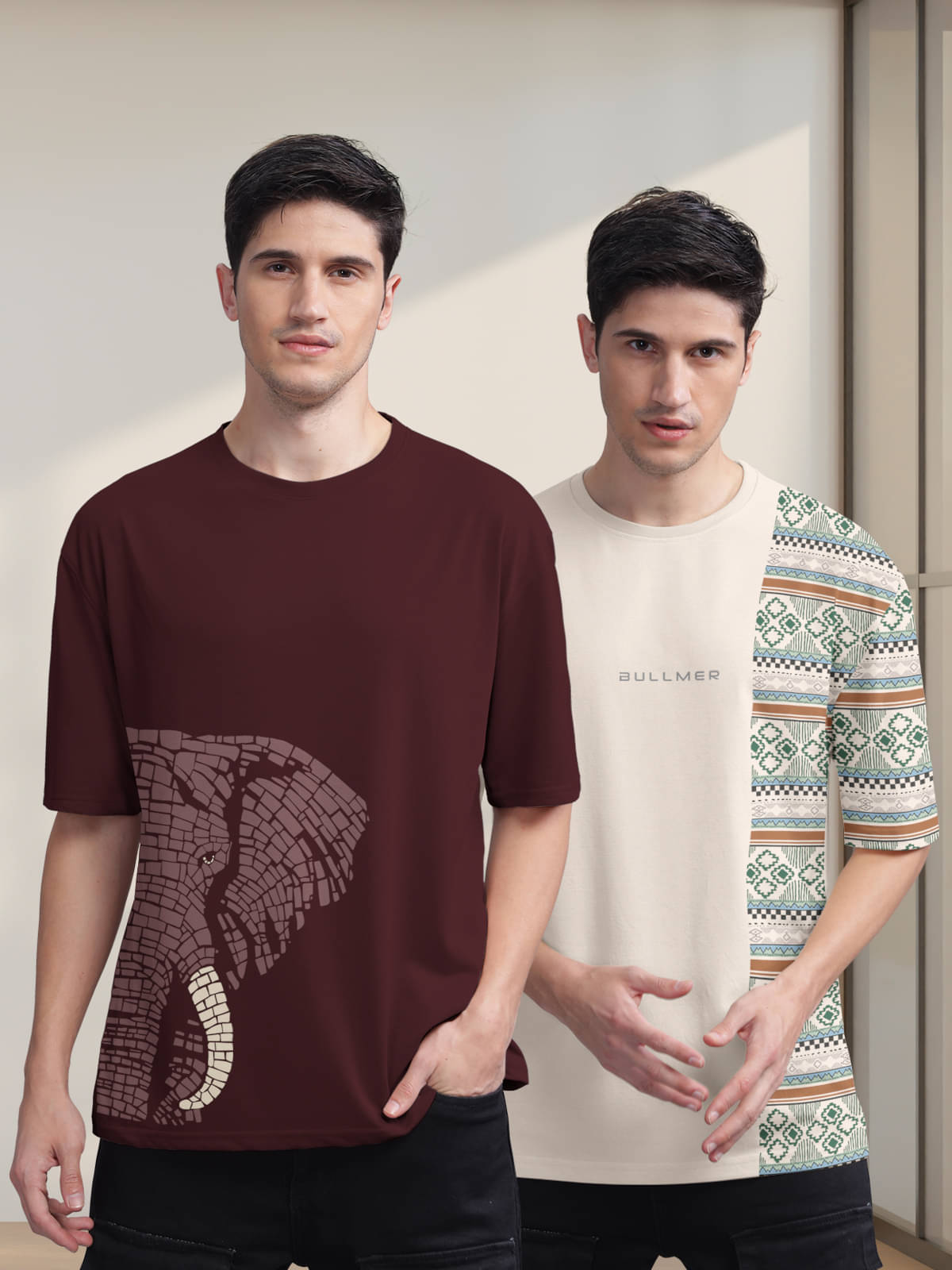BULLMER Pack of 2 Cotton Blend Oversized Fit Men's T-Shirt ( Beige ) BULLMER Pack of 2 Cotton Blend Oversized Fit Men's T-Shirt ( Beige )