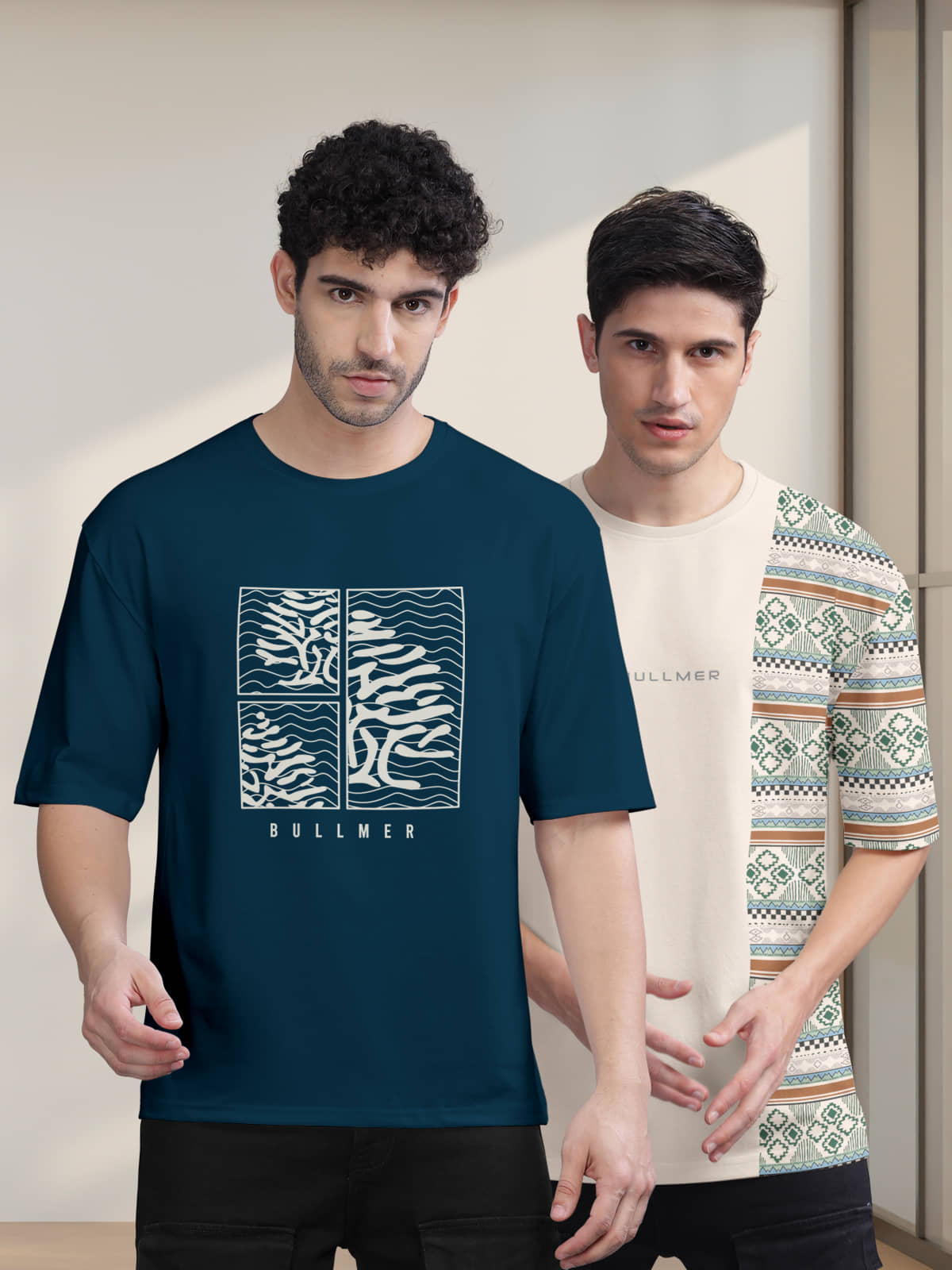BULLMER Pack of 2 Cotton Blend Oversized Fit Men's T-Shirt ( Beige )