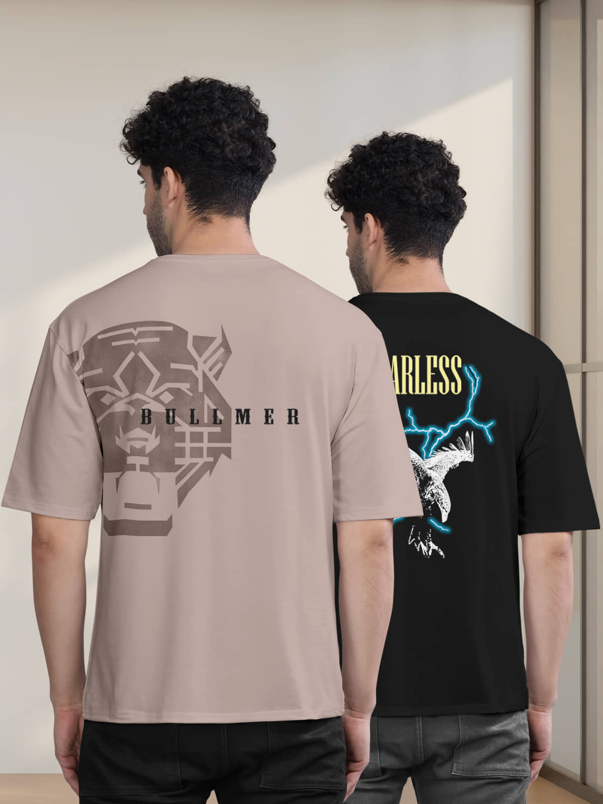 BULLMER Pack of 2 Cotton Blend Oversized Fit Men's T-Shirt ( Black )