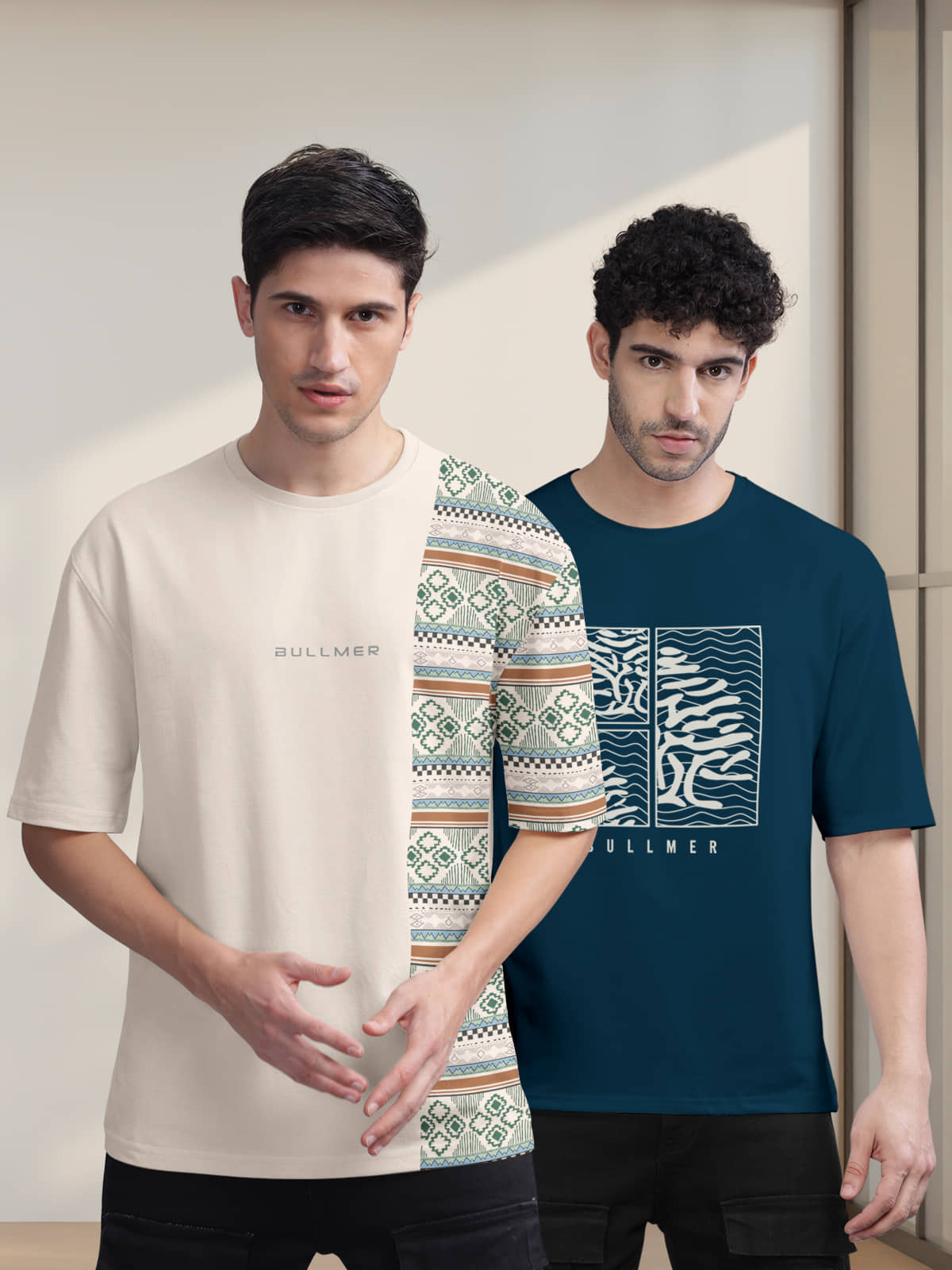 BULLMER Pack of 2 Cotton Blend Oversized Fit Men's T-Shirt ( Blue )