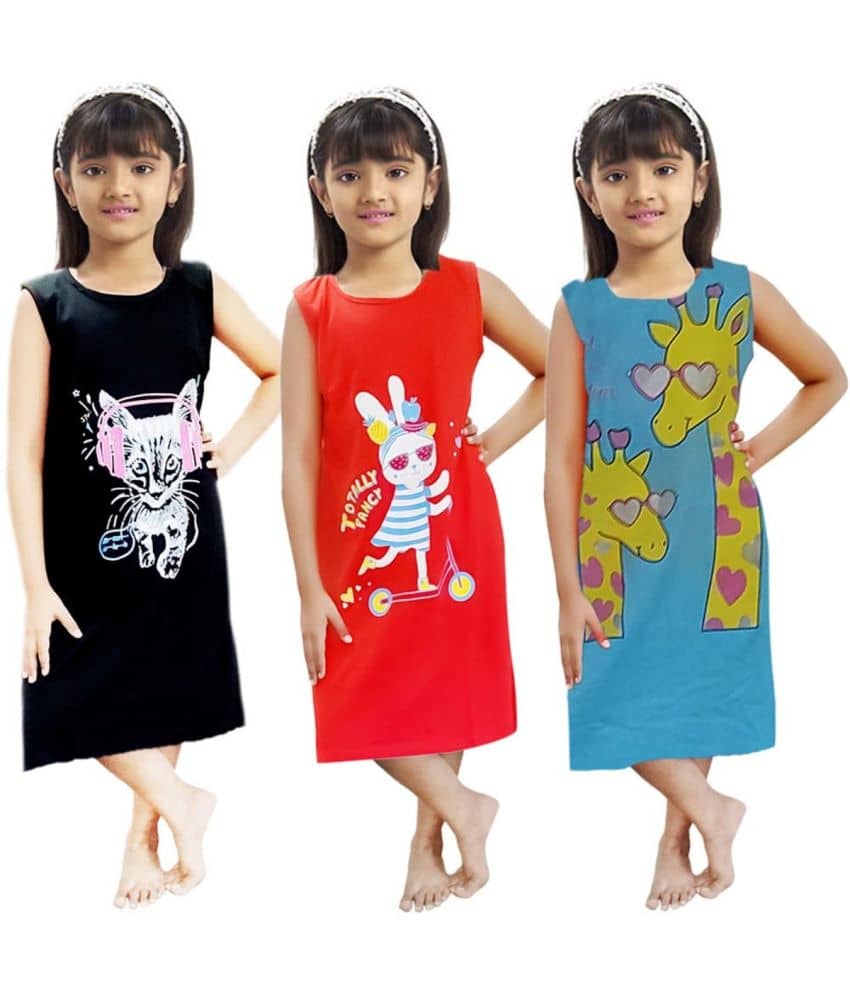 CRAZYON Multicolor Cotton Girls Fit And Flare Dress ( Pack of 3 )