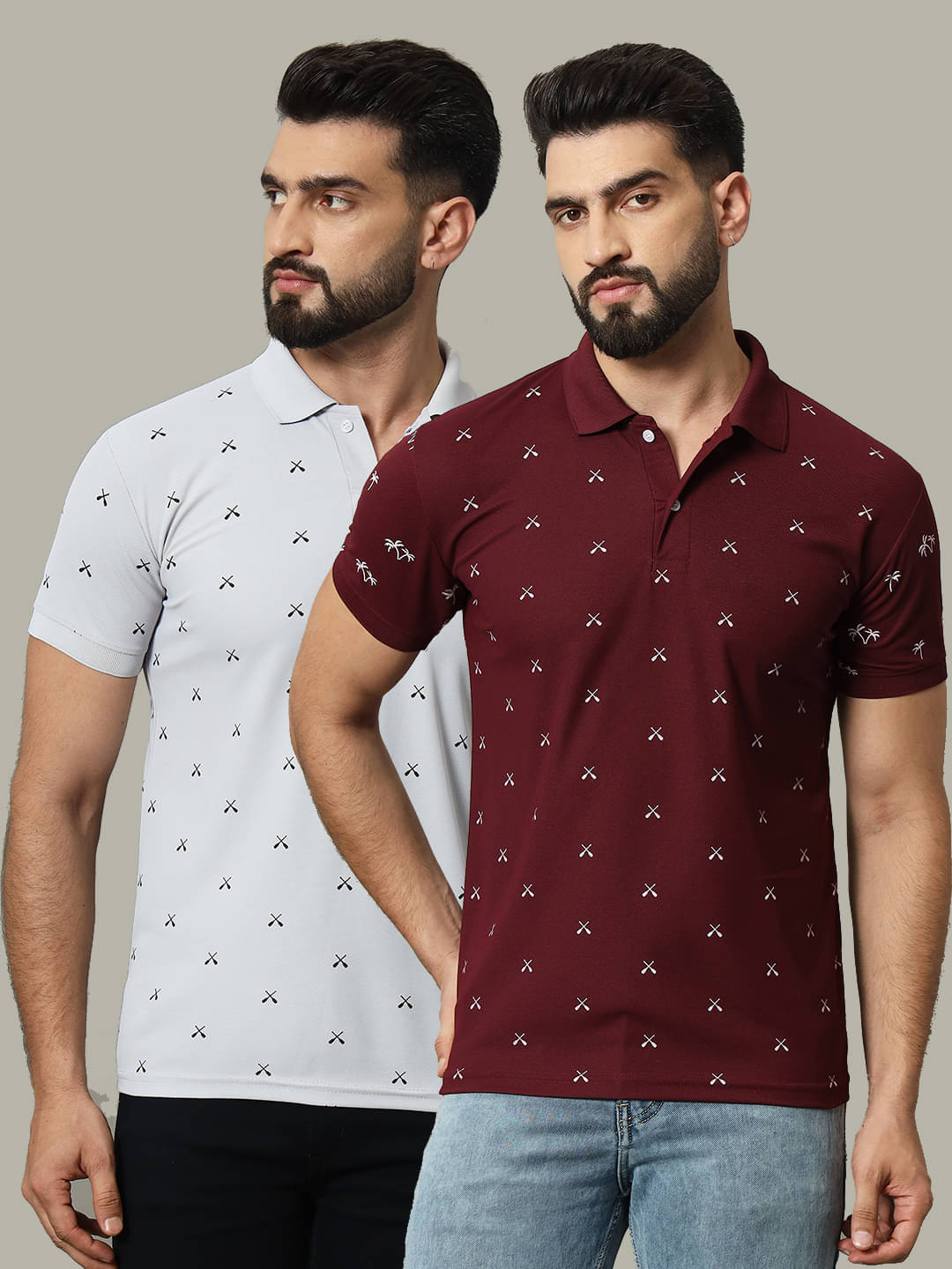 DENNIN Pack of 2 Cotton Blend Regular Fit Printed Half Sleeves Men's Polo T Shirt ( Grey ) DENNIN Pack of 2 Cotton Blend Regular Fit Printed Half Sleeves Men's Polo T Shirt ( Grey )