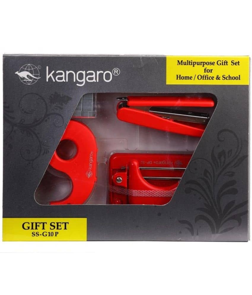 Kangaro Multipurpose Gift Set for Home, Office and School Use (SS-G10P) Set of 4 | 1 Stapler HS-G10 | 1 Paper Punch Perfo-10 | 1 Tape Dispenser TD 18 | 1 Staple Box No. 10 | RED