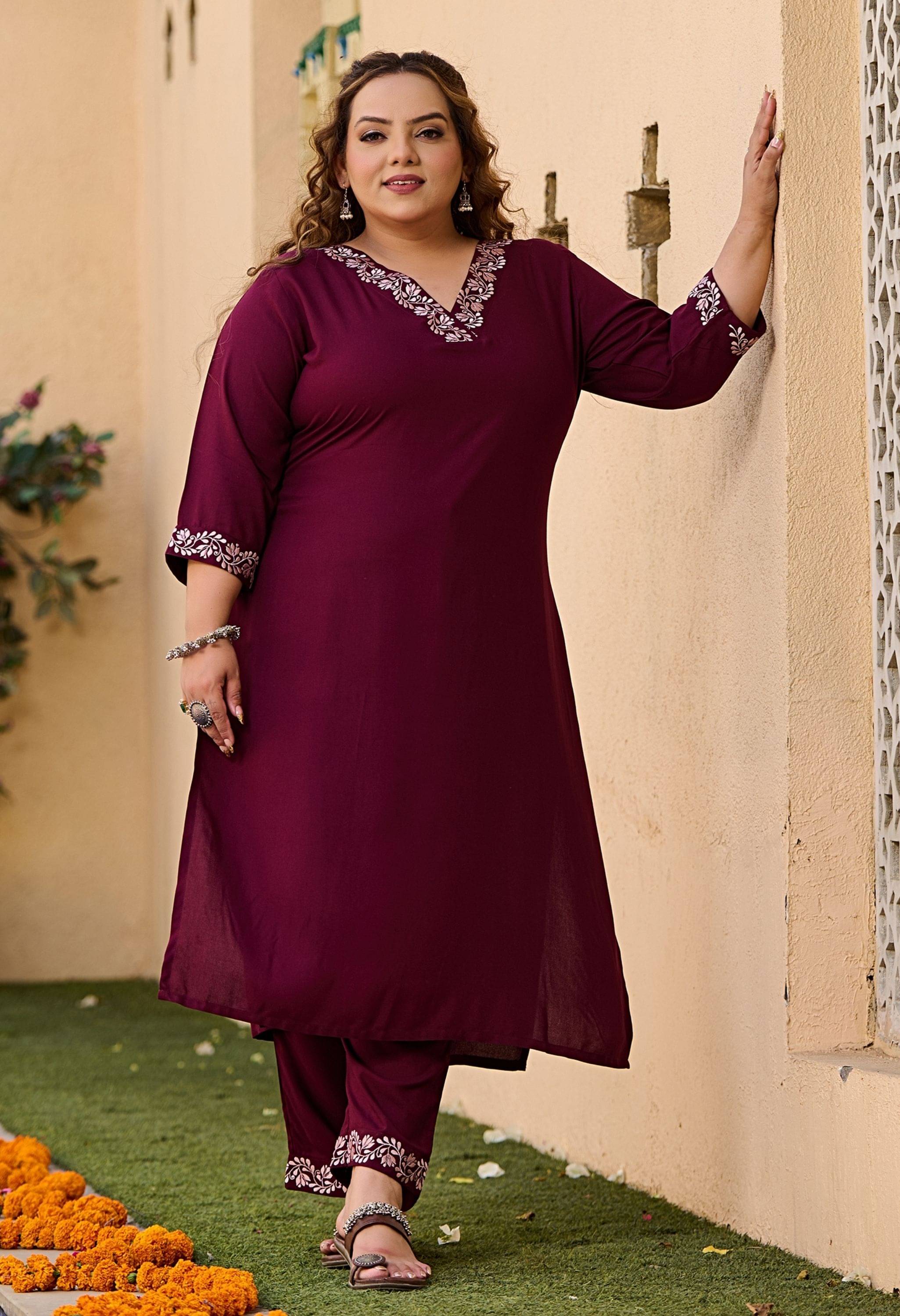 PrettyPlus by Desinoor.com Rayon Embroidered Kurti With Pants Women's Stitched Salwar Suit - Wine ( Pack of 1 )     			PrettyPlus by Desinoor.com Rayon Embroidered Kurti With Pants Women's Stitched Salwar Suit - Wine ( Pack of 1 )