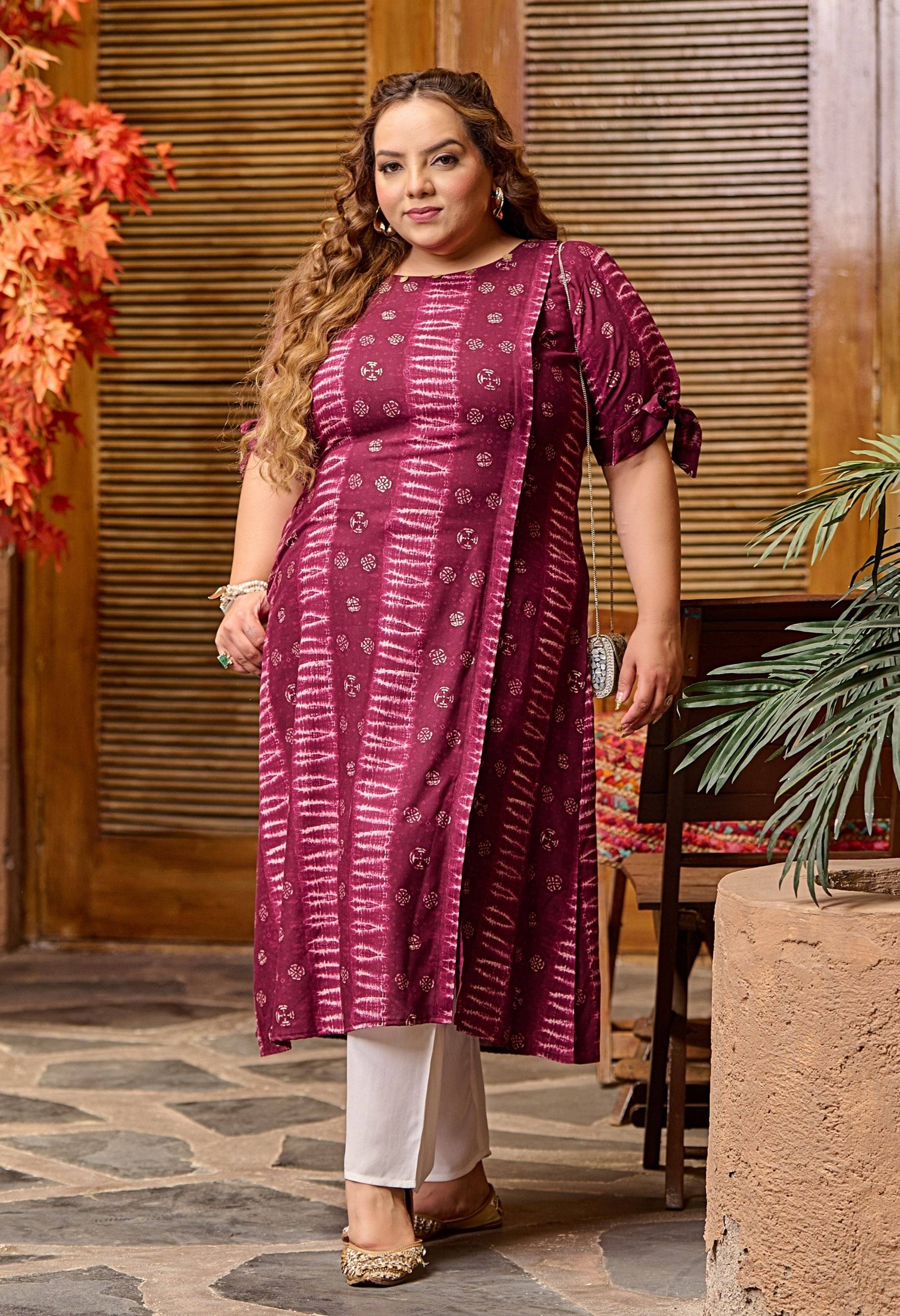    			PrettyPlus by Desinoor.com Rayon Printed Kurti With Pants Women's Stitched Salwar Suit - Wine ( Pack of 1 )