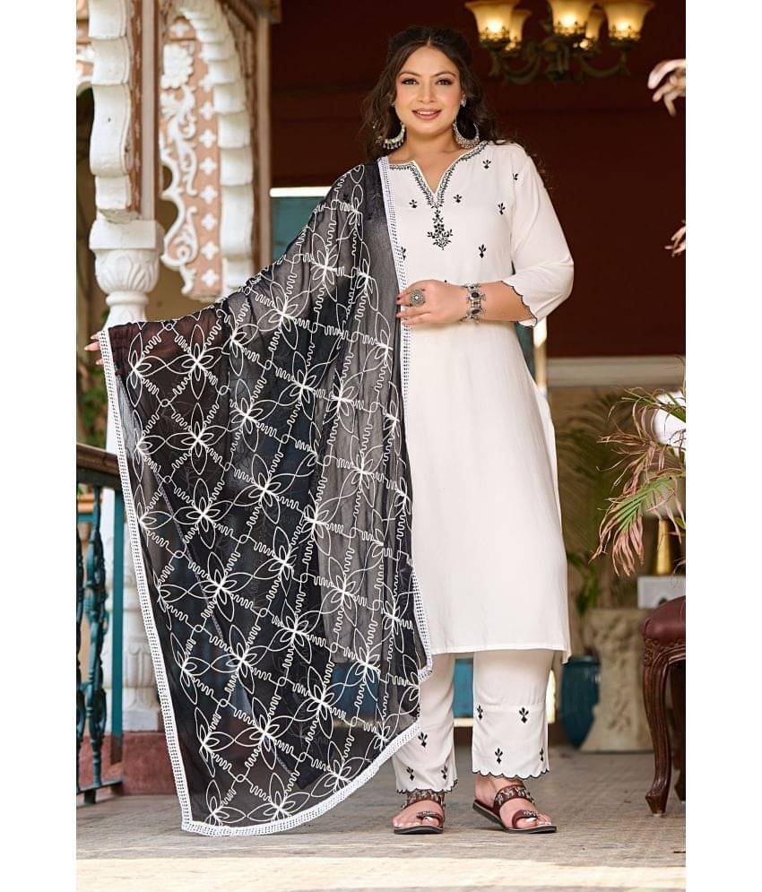 PrettyPlus by Desinoor.com Rayon Embroidered Kurti With Pants Women's Stitched Salwar Suit - White ( Pack of 1 ) PrettyPlus by Desinoor.com Rayon Embroidered Kurti With Pants Women's Stitched Salwar Suit - White ( Pack of 1 )