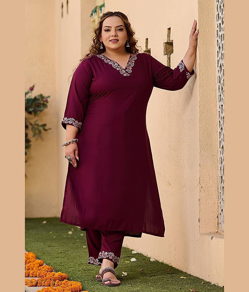 PrettyPlus by Desinoor.com Rayon Embroidered Kurti With Pants Women's Stitched Salwar Suit - Wine ( Pack of 1 )