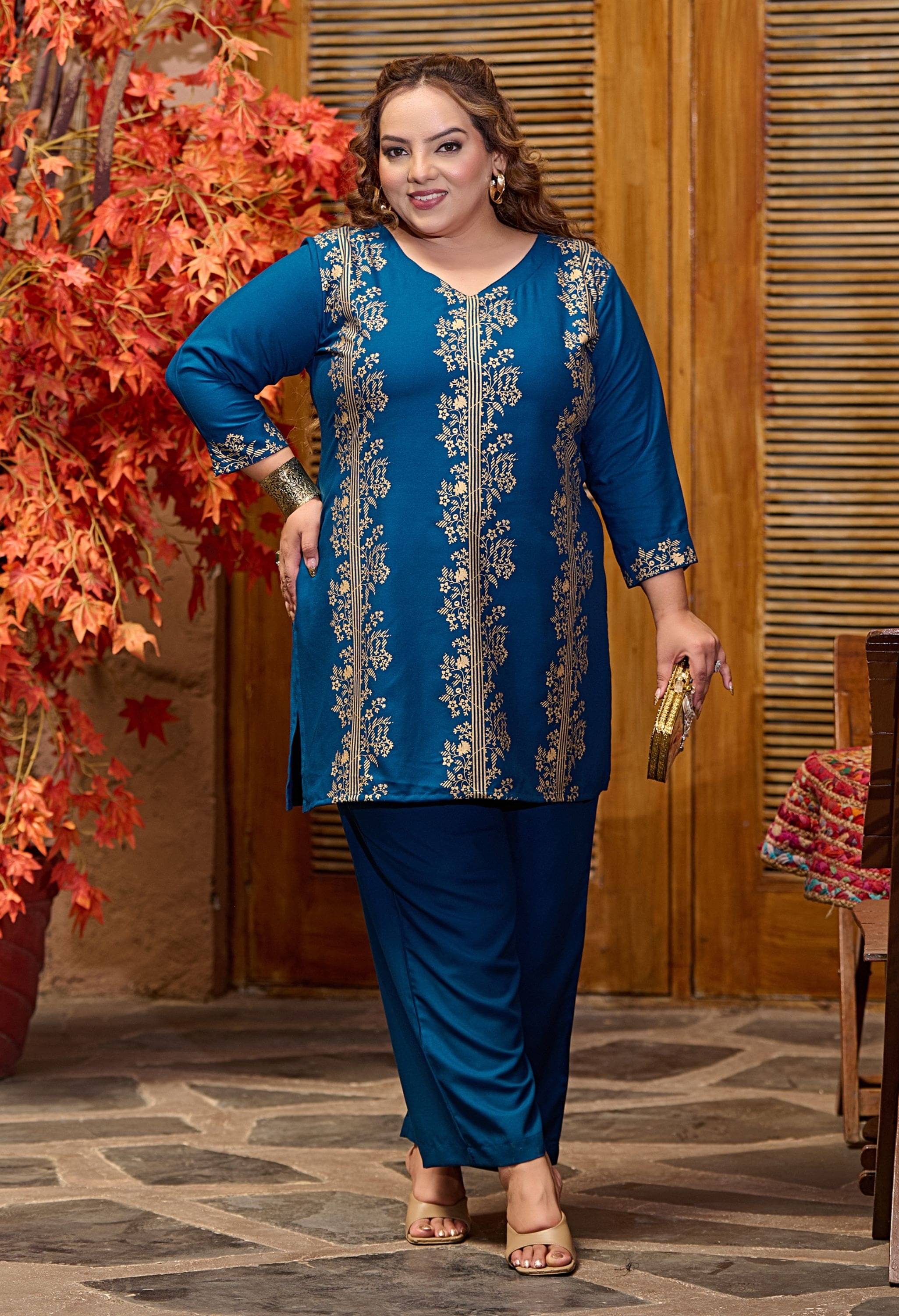    			PrettyPlus by Desinoor.com Women Printed Tunic With Trousers Co-Ord Set ( Teal )
