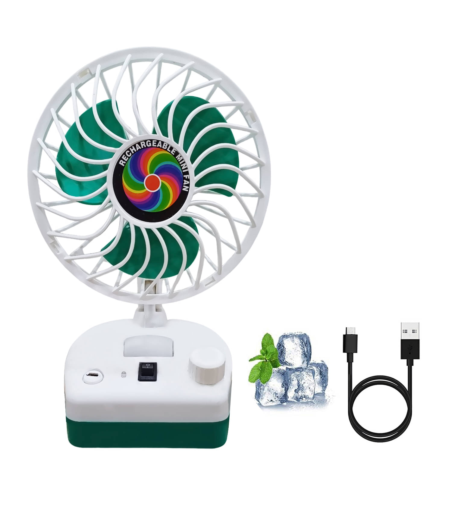     			Rechargeable Cooling Fan with 7 Speed modes with led light ( Multicolor ).
