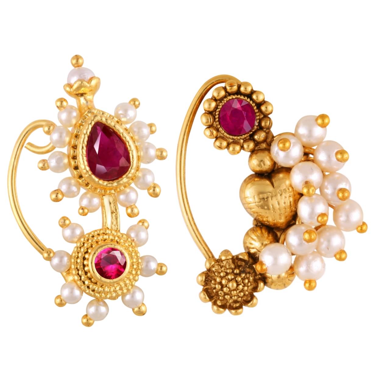 Vivastri's Premium Gucchedar Maharashtrian/Peackock Styled Nosepin Combo Set Of 2 For Ladies-VIVA1165-1168NTH-Press-Red Vivastri's Premium Gucchedar Maharashtrian/Peackock Styled Nosepin Combo Set Of 2 For Ladies-VIVA1165-1168NTH-Press-Red