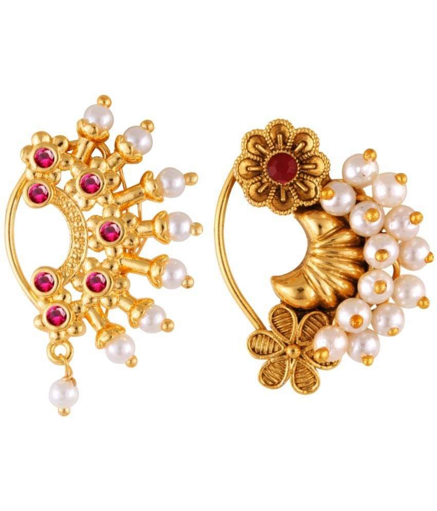     			Vivastri's Premium Gucchedar Maharashtrian/Peackock Styled Nosepin Combo Set Of 2 For Ladies-VIVA1163-1179NTH-Press-Red