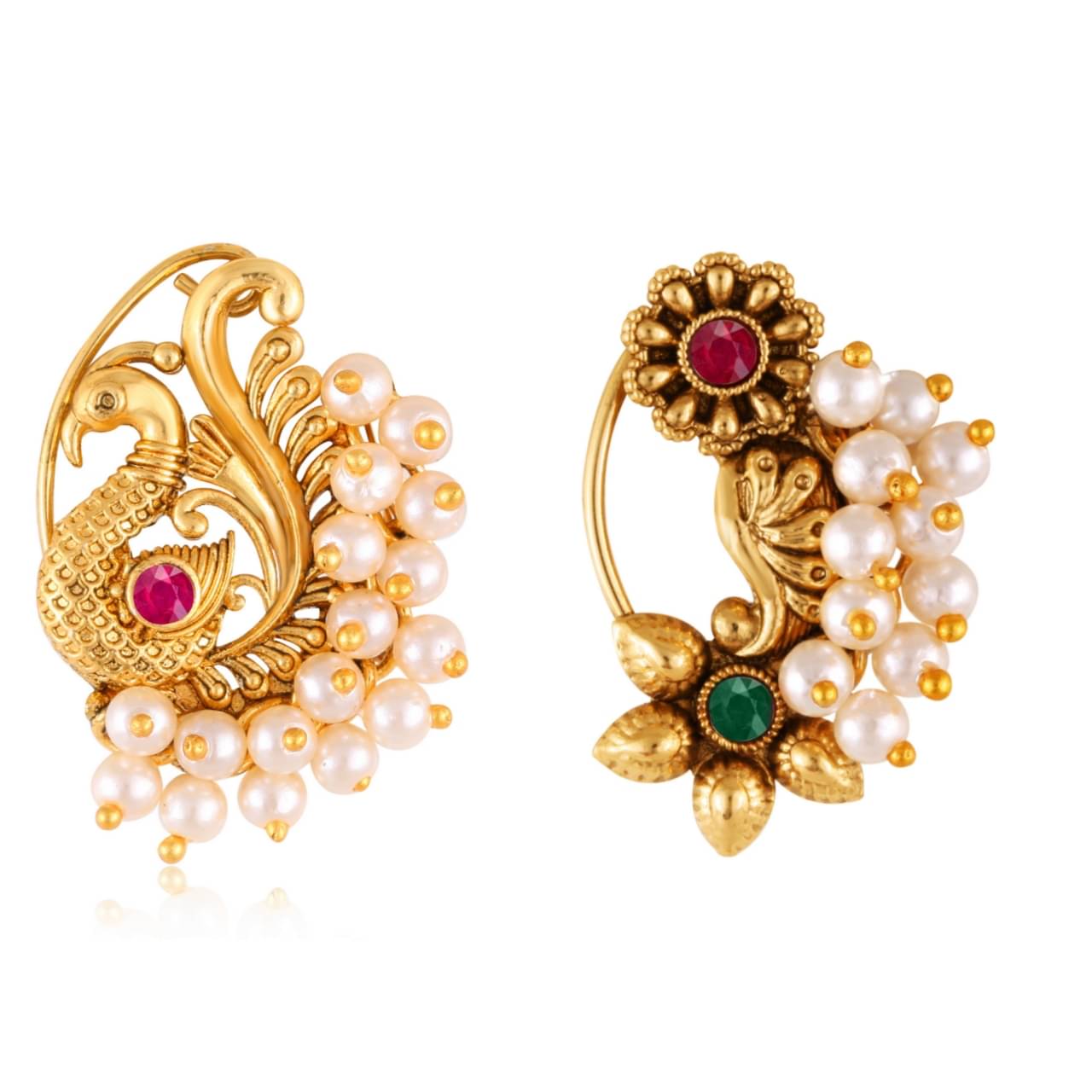     			Vivastri's Premium Gucchedar Maharashtrian/Peackock Styled Nosepin Combo Set Of 2 For Ladies-VIVA1134Red-1182NTH-Press-Multi