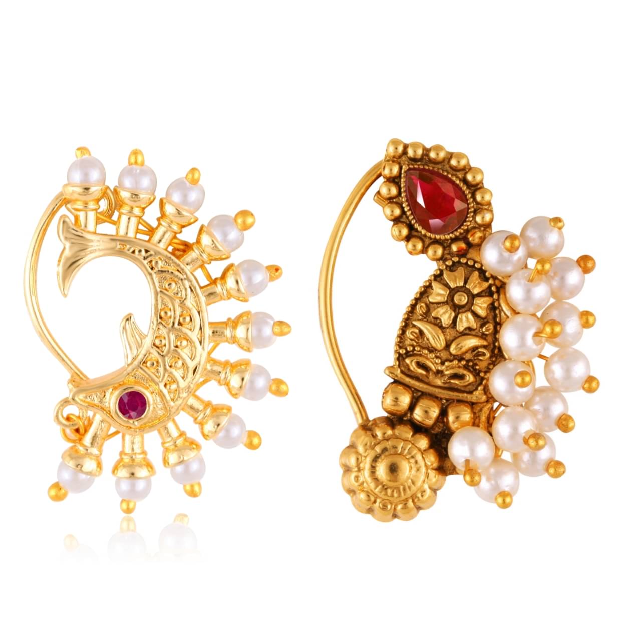     			Vivastri's Premium Gucchedar Maharashtrian/Peackock Styled Nosepin Combo Set Of 2 For Ladies-VIVA1146-1176NTH-Press-Red
