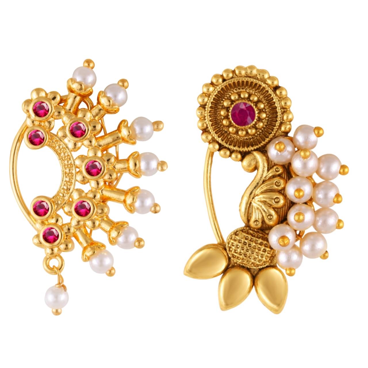 Vivastri's Premium Gucchedar Maharashtrian/Peackock Styled Nosepin Combo Set Of 2 For Ladies-VIVA1163-1172NTH-Press-Red Vivastri's Premium Gucchedar Maharashtrian/Peackock Styled Nosepin Combo Set Of 2 For Ladies-VIVA1163-1172NTH-Press-Red