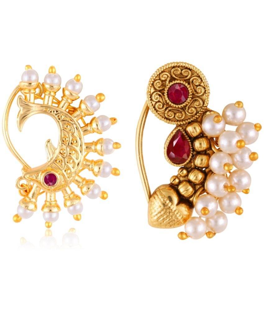 Vivastri's Premium Gucchedar Maharashtrian/Peackock Styled Nosepin Combo Set Of 2 For Ladies-VIVA1146-1174NTH-Press-Red Vivastri's Premium Gucchedar Maharashtrian/Peackock Styled Nosepin Combo Set Of 2 For Ladies-VIVA1146-1174NTH-Press-Red