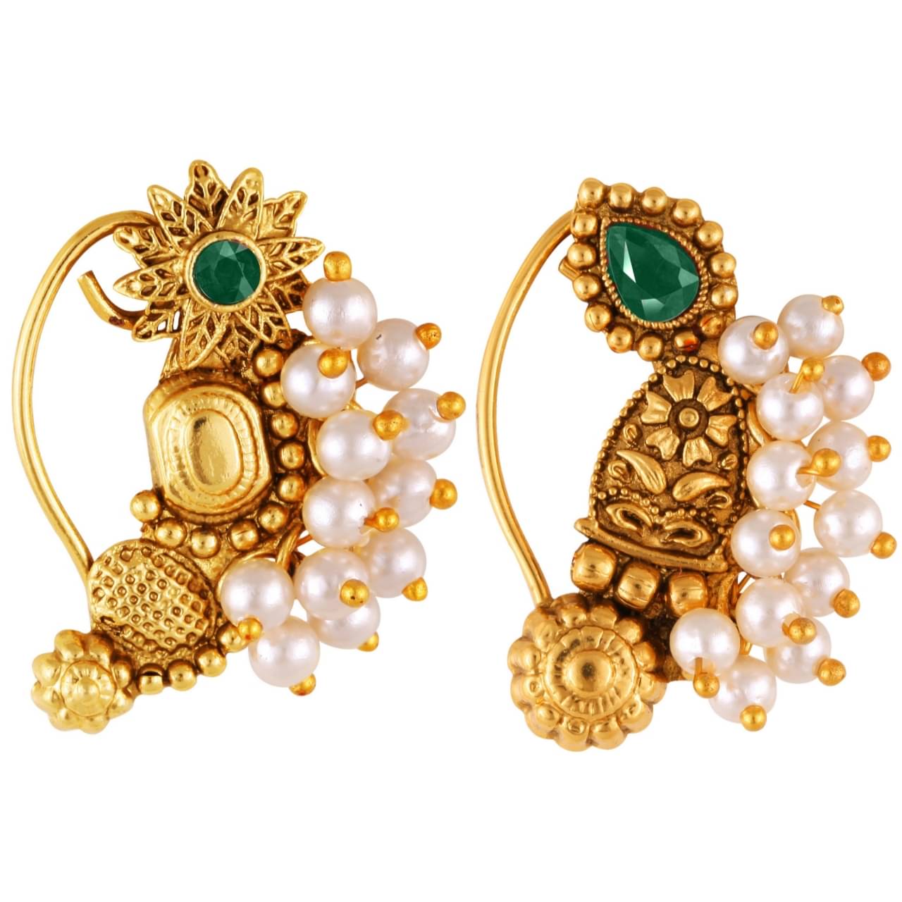 Vivastri's Premium Gucchedar Maharashtrian/Peackock Styled Nosepin Combo Set Of 2 For Ladies-VIVA1167-1176NTH-Press-Green     			Vivastri's Premium Gucchedar Maharashtrian/Peackock Styled Nosepin Combo Set Of 2 For Ladies-VIVA1167-1176NTH-Press-Green